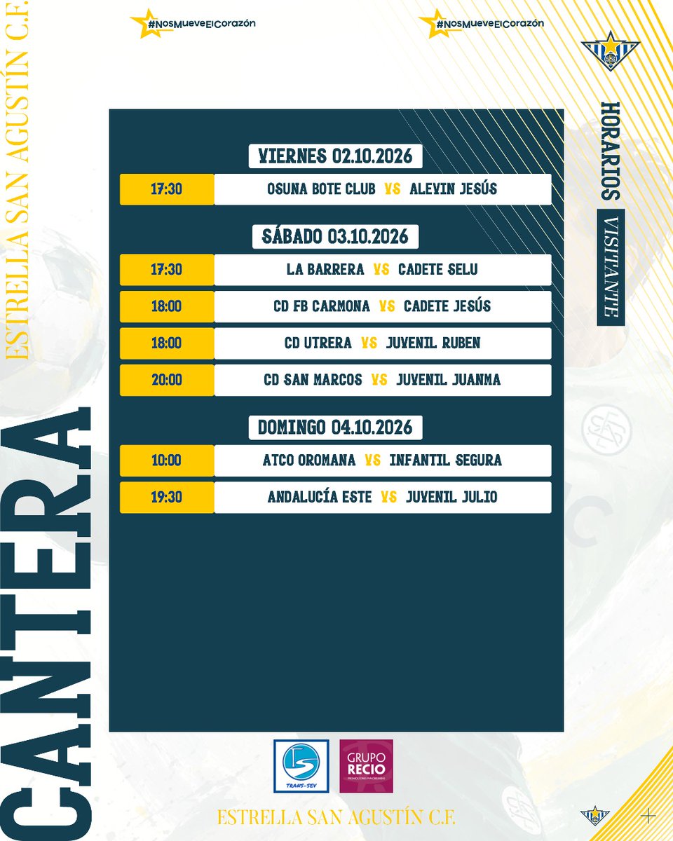 EstrellaSACF's tweet photo. 🔷RECORDATORIO | PARTIDOS

Recordamos los partidos de nuestro primer equipo y de la cantera para esta semana. ⚽

¡Mucha suerte a todos! 💙 https://t.co/PptJf3fb8s