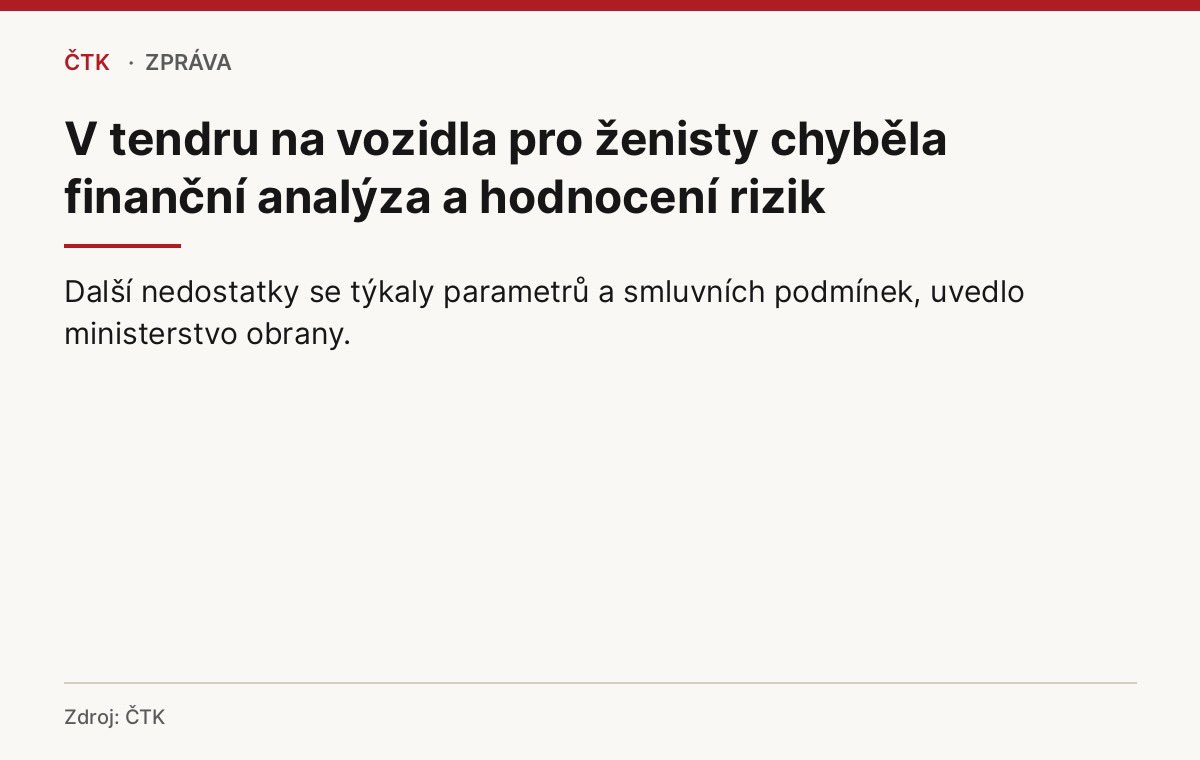 jana_cernochova's tweet photo. Jestli dnes ministr Zůna tvrdí, že projekt Univerzální kolové platformy byl špatně připraven, má to jednu drobnou vadu na kráse: v době, kdy se připravoval, seděl přímo v nejužším vedení Generálního štábu na @ObranaTweetuje. V letech 2019 až 2022 byl prvním zástupcem náčelníka Generálního štábu.  Takže pokud dnes hledá viníky špatné přípravy, nemusí chodit příliš daleko.

Univerzální kolová platforma totiž není projekt žádného politika. Je to strategický projekt armády, připravovaný řadu let. Jeho uživateli jsou vojáci a manažerem cíle je náčelník Generálního štábu. Na jeho přípravě se postupně podílelo vojenské vedení za Aleše Opaty, Karla Řehky a Miroslava Hlaváče. Právě tam vznikaly požadavky a specifikace techniky, kterou armáda potřebuje.

Karel Řehka je pro celý příběh zásadní. Jako náčelník Generálního štábu vedl armádu v době, kdy projekt dostal konkrétní podobu veřejné zakázky a kdy byl na návrh náčelníka Generálního štábu zařazen mezi strategické projekty AČR. Oficiální dokumentace počítala až se 185 vozidly a hodnotou přibližně 24,8 miliardy korun. 

Důležitý je také Miroslav Hlaváč. V říjnu 2024 jako první zástupce náčelníka Generálního štábu vysvětloval, proč se místo původně zvažovaného přímého nákupu Bushmasterů přešlo k soutěži více výrobců: „Armáda doporučila, aby se šlo cestou výběrového řízení.“ A dodal, že právě proto vznikl projekt univerzální kolové platformy pro ženisty, zdravotní službu a Vojenskou policii. 

To je podstatné. Nešlo o zakázku, kterou by si vymyslela ministryně nebo vláda. Požadavek vycházel z Generálního štábu, vojenské vedení určovalo potřebné schopnosti a připravovalo specifikace a samo doporučilo otevřené výběrové řízení.

Teď ministerstvo tvrdí, že problémem byly ekonomické, technické nebo smluvní nedostatky. Jenže oficiální materiály k projektu obsahovaly předpokládanou hodnotu 24,757 miliardy korun, rozložení výdajů do jednotlivých let, minimální i maximální počty techniky a také výslovně uváděly, že odhad nákladů životního cyklu byl proveden v rámci aktualizace průzkumu trhu. Další údaje k životnímu cyklu měly být zpřesňovány při jednání s výrobcem. 

Pokud tedy dnes ministerstvo mluví o chybějící finanční analýze, mělo by přesně vysvětlit, jaký konkrétní podklad chyběl a proč nebyl doplněn v průběhu soutěže.

Protože právě časová osa je na celém příběhu nejzajímavější. Zůnovo ministerstvo po převzetí resortu soutěž nezastavilo. Pokračovalo v ní a zadávací dokumentaci opakovaně měnilo a doplňovalo. Ještě 4. září jeho mluvčí veřejně uvedl, že probíhá další fáze zadávacího řízení a že termín pro podání předběžných nabídek je 30. září. Současně potvrdil, že dokumentace byla během řízení několikrát upravena. 

A 25. září, pouhých pět dní před tímto termínem, ministerstvo soutěž zrušilo. Veřejné odůvodnění přitom zůstalo u obecné formulace o „důvodech hodných zvláštního zřetele, včetně důvodů ekonomických“. 

Takže otázka není, co údajně pokazila minulá vláda. Otázka zní: co tak zásadního Zůnovo ministerstvo zjistilo až na konci září, když ještě tři týdny předtím soutěž dál vedlo a samo upravovalo její dokumentaci?

Za mého působení nebyl vybrán žádný dodavatel a nebyla podepsána žádná rámcová ani kupní smlouva. Současné vedení převzalo rozběhnuté výběrové řízení a mělo měsíce na jeho kontrolu a úpravy.

A jestli chce Jaromír Zůna tvrdit, že chyba byla už v samotné přípravě projektu, měl by současně vysvětlit, co v době této přípravy dělal jako první zástupce náčelníka Generálního štábu.