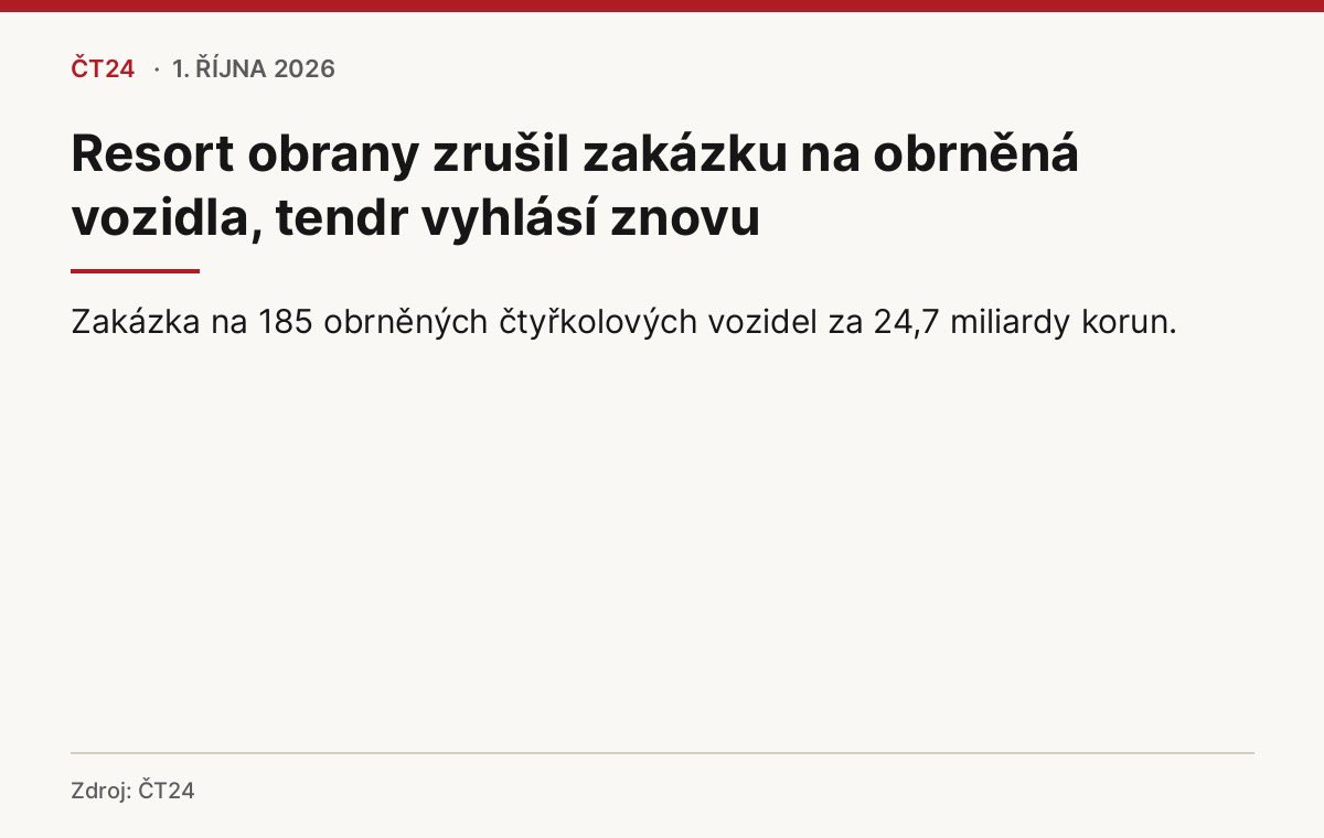 jana_cernochova's tweet photo. Jestli dnes ministr Zůna tvrdí, že projekt Univerzální kolové platformy byl špatně připraven, má to jednu drobnou vadu na kráse: v době, kdy se připravoval, seděl přímo v nejužším vedení Generálního štábu na @ObranaTweetuje. V letech 2019 až 2022 byl prvním zástupcem náčelníka Generálního štábu.  Takže pokud dnes hledá viníky špatné přípravy, nemusí chodit příliš daleko.

Univerzální kolová platforma totiž není projekt žádného politika. Je to strategický projekt armády, připravovaný řadu let. Jeho uživateli jsou vojáci a manažerem cíle je náčelník Generálního štábu. Na jeho přípravě se postupně podílelo vojenské vedení za Aleše Opaty, Karla Řehky a Miroslava Hlaváče. Právě tam vznikaly požadavky a specifikace techniky, kterou armáda potřebuje.

Karel Řehka je pro celý příběh zásadní. Jako náčelník Generálního štábu vedl armádu v době, kdy projekt dostal konkrétní podobu veřejné zakázky a kdy byl na návrh náčelníka Generálního štábu zařazen mezi strategické projekty AČR. Oficiální dokumentace počítala až se 185 vozidly a hodnotou přibližně 24,8 miliardy korun. 

Důležitý je také Miroslav Hlaváč. V říjnu 2024 jako první zástupce náčelníka Generálního štábu vysvětloval, proč se místo původně zvažovaného přímého nákupu Bushmasterů přešlo k soutěži více výrobců: „Armáda doporučila, aby se šlo cestou výběrového řízení.“ A dodal, že právě proto vznikl projekt univerzální kolové platformy pro ženisty, zdravotní službu a Vojenskou policii. 

To je podstatné. Nešlo o zakázku, kterou by si vymyslela ministryně nebo vláda. Požadavek vycházel z Generálního štábu, vojenské vedení určovalo potřebné schopnosti a připravovalo specifikace a samo doporučilo otevřené výběrové řízení.

Teď ministerstvo tvrdí, že problémem byly ekonomické, technické nebo smluvní nedostatky. Jenže oficiální materiály k projektu obsahovaly předpokládanou hodnotu 24,757 miliardy korun, rozložení výdajů do jednotlivých let, minimální i maximální počty techniky a také výslovně uváděly, že odhad nákladů životního cyklu byl proveden v rámci aktualizace průzkumu trhu. Další údaje k životnímu cyklu měly být zpřesňovány při jednání s výrobcem. 

Pokud tedy dnes ministerstvo mluví o chybějící finanční analýze, mělo by přesně vysvětlit, jaký konkrétní podklad chyběl a proč nebyl doplněn v průběhu soutěže.

Protože právě časová osa je na celém příběhu nejzajímavější. Zůnovo ministerstvo po převzetí resortu soutěž nezastavilo. Pokračovalo v ní a zadávací dokumentaci opakovaně měnilo a doplňovalo. Ještě 4. září jeho mluvčí veřejně uvedl, že probíhá další fáze zadávacího řízení a že termín pro podání předběžných nabídek je 30. září. Současně potvrdil, že dokumentace byla během řízení několikrát upravena. 

A 25. září, pouhých pět dní před tímto termínem, ministerstvo soutěž zrušilo. Veřejné odůvodnění přitom zůstalo u obecné formulace o „důvodech hodných zvláštního zřetele, včetně důvodů ekonomických“. 

Takže otázka není, co údajně pokazila minulá vláda. Otázka zní: co tak zásadního Zůnovo ministerstvo zjistilo až na konci září, když ještě tři týdny předtím soutěž dál vedlo a samo upravovalo její dokumentaci?

Za mého působení nebyl vybrán žádný dodavatel a nebyla podepsána žádná rámcová ani kupní smlouva. Současné vedení převzalo rozběhnuté výběrové řízení a mělo měsíce na jeho kontrolu a úpravy.

A jestli chce Jaromír Zůna tvrdit, že chyba byla už v samotné přípravě projektu, měl by současně vysvětlit, co v době této přípravy dělal jako první zástupce náčelníka Generálního štábu.