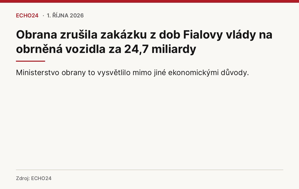 jana_cernochova's tweet photo. Jestli dnes ministr Zůna tvrdí, že projekt Univerzální kolové platformy byl špatně připraven, má to jednu drobnou vadu na kráse: v době, kdy se připravoval, seděl přímo v nejužším vedení Generálního štábu na @ObranaTweetuje. V letech 2019 až 2022 byl prvním zástupcem náčelníka Generálního štábu.  Takže pokud dnes hledá viníky špatné přípravy, nemusí chodit příliš daleko.

Univerzální kolová platforma totiž není projekt žádného politika. Je to strategický projekt armády, připravovaný řadu let. Jeho uživateli jsou vojáci a manažerem cíle je náčelník Generálního štábu. Na jeho přípravě se postupně podílelo vojenské vedení za Aleše Opaty, Karla Řehky a Miroslava Hlaváče. Právě tam vznikaly požadavky a specifikace techniky, kterou armáda potřebuje.

Karel Řehka je pro celý příběh zásadní. Jako náčelník Generálního štábu vedl armádu v době, kdy projekt dostal konkrétní podobu veřejné zakázky a kdy byl na návrh náčelníka Generálního štábu zařazen mezi strategické projekty AČR. Oficiální dokumentace počítala až se 185 vozidly a hodnotou přibližně 24,8 miliardy korun. 

Důležitý je také Miroslav Hlaváč. V říjnu 2024 jako první zástupce náčelníka Generálního štábu vysvětloval, proč se místo původně zvažovaného přímého nákupu Bushmasterů přešlo k soutěži více výrobců: „Armáda doporučila, aby se šlo cestou výběrového řízení.“ A dodal, že právě proto vznikl projekt univerzální kolové platformy pro ženisty, zdravotní službu a Vojenskou policii. 

To je podstatné. Nešlo o zakázku, kterou by si vymyslela ministryně nebo vláda. Požadavek vycházel z Generálního štábu, vojenské vedení určovalo potřebné schopnosti a připravovalo specifikace a samo doporučilo otevřené výběrové řízení.

Teď ministerstvo tvrdí, že problémem byly ekonomické, technické nebo smluvní nedostatky. Jenže oficiální materiály k projektu obsahovaly předpokládanou hodnotu 24,757 miliardy korun, rozložení výdajů do jednotlivých let, minimální i maximální počty techniky a také výslovně uváděly, že odhad nákladů životního cyklu byl proveden v rámci aktualizace průzkumu trhu. Další údaje k životnímu cyklu měly být zpřesňovány při jednání s výrobcem. 

Pokud tedy dnes ministerstvo mluví o chybějící finanční analýze, mělo by přesně vysvětlit, jaký konkrétní podklad chyběl a proč nebyl doplněn v průběhu soutěže.

Protože právě časová osa je na celém příběhu nejzajímavější. Zůnovo ministerstvo po převzetí resortu soutěž nezastavilo. Pokračovalo v ní a zadávací dokumentaci opakovaně měnilo a doplňovalo. Ještě 4. září jeho mluvčí veřejně uvedl, že probíhá další fáze zadávacího řízení a že termín pro podání předběžných nabídek je 30. září. Současně potvrdil, že dokumentace byla během řízení několikrát upravena. 

A 25. září, pouhých pět dní před tímto termínem, ministerstvo soutěž zrušilo. Veřejné odůvodnění přitom zůstalo u obecné formulace o „důvodech hodných zvláštního zřetele, včetně důvodů ekonomických“. 

Takže otázka není, co údajně pokazila minulá vláda. Otázka zní: co tak zásadního Zůnovo ministerstvo zjistilo až na konci září, když ještě tři týdny předtím soutěž dál vedlo a samo upravovalo její dokumentaci?

Za mého působení nebyl vybrán žádný dodavatel a nebyla podepsána žádná rámcová ani kupní smlouva. Současné vedení převzalo rozběhnuté výběrové řízení a mělo měsíce na jeho kontrolu a úpravy.

A jestli chce Jaromír Zůna tvrdit, že chyba byla už v samotné přípravě projektu, měl by současně vysvětlit, co v době této přípravy dělal jako první zástupce náčelníka Generálního štábu.