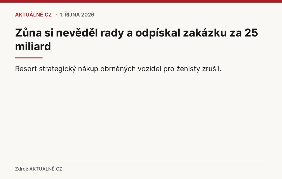 jana_cernochova's tweet photo. Jestli dnes ministr Zůna tvrdí, že projekt Univerzální kolové platformy byl špatně připraven, má to jednu drobnou vadu na kráse: v době, kdy se připravoval, seděl přímo v nejužším vedení Generálního štábu na @ObranaTweetuje. V letech 2019 až 2022 byl prvním zástupcem náčelníka Generálního štábu.  Takže pokud dnes hledá viníky špatné přípravy, nemusí chodit příliš daleko.

Univerzální kolová platforma totiž není projekt žádného politika. Je to strategický projekt armády, připravovaný řadu let. Jeho uživateli jsou vojáci a manažerem cíle je náčelník Generálního štábu. Na jeho přípravě se postupně podílelo vojenské vedení za Aleše Opaty, Karla Řehky a Miroslava Hlaváče. Právě tam vznikaly požadavky a specifikace techniky, kterou armáda potřebuje.

Karel Řehka je pro celý příběh zásadní. Jako náčelník Generálního štábu vedl armádu v době, kdy projekt dostal konkrétní podobu veřejné zakázky a kdy byl na návrh náčelníka Generálního štábu zařazen mezi strategické projekty AČR. Oficiální dokumentace počítala až se 185 vozidly a hodnotou přibližně 24,8 miliardy korun. 

Důležitý je také Miroslav Hlaváč. V říjnu 2024 jako první zástupce náčelníka Generálního štábu vysvětloval, proč se místo původně zvažovaného přímého nákupu Bushmasterů přešlo k soutěži více výrobců: „Armáda doporučila, aby se šlo cestou výběrového řízení.“ A dodal, že právě proto vznikl projekt univerzální kolové platformy pro ženisty, zdravotní službu a Vojenskou policii. 

To je podstatné. Nešlo o zakázku, kterou by si vymyslela ministryně nebo vláda. Požadavek vycházel z Generálního štábu, vojenské vedení určovalo potřebné schopnosti a připravovalo specifikace a samo doporučilo otevřené výběrové řízení.

Teď ministerstvo tvrdí, že problémem byly ekonomické, technické nebo smluvní nedostatky. Jenže oficiální materiály k projektu obsahovaly předpokládanou hodnotu 24,757 miliardy korun, rozložení výdajů do jednotlivých let, minimální i maximální počty techniky a také výslovně uváděly, že odhad nákladů životního cyklu byl proveden v rámci aktualizace průzkumu trhu. Další údaje k životnímu cyklu měly být zpřesňovány při jednání s výrobcem. 

Pokud tedy dnes ministerstvo mluví o chybějící finanční analýze, mělo by přesně vysvětlit, jaký konkrétní podklad chyběl a proč nebyl doplněn v průběhu soutěže.

Protože právě časová osa je na celém příběhu nejzajímavější. Zůnovo ministerstvo po převzetí resortu soutěž nezastavilo. Pokračovalo v ní a zadávací dokumentaci opakovaně měnilo a doplňovalo. Ještě 4. září jeho mluvčí veřejně uvedl, že probíhá další fáze zadávacího řízení a že termín pro podání předběžných nabídek je 30. září. Současně potvrdil, že dokumentace byla během řízení několikrát upravena. 

A 25. září, pouhých pět dní před tímto termínem, ministerstvo soutěž zrušilo. Veřejné odůvodnění přitom zůstalo u obecné formulace o „důvodech hodných zvláštního zřetele, včetně důvodů ekonomických“. 

Takže otázka není, co údajně pokazila minulá vláda. Otázka zní: co tak zásadního Zůnovo ministerstvo zjistilo až na konci září, když ještě tři týdny předtím soutěž dál vedlo a samo upravovalo její dokumentaci?

Za mého působení nebyl vybrán žádný dodavatel a nebyla podepsána žádná rámcová ani kupní smlouva. Současné vedení převzalo rozběhnuté výběrové řízení a mělo měsíce na jeho kontrolu a úpravy.

A jestli chce Jaromír Zůna tvrdit, že chyba byla už v samotné přípravě projektu, měl by současně vysvětlit, co v době této přípravy dělal jako první zástupce náčelníka Generálního štábu.