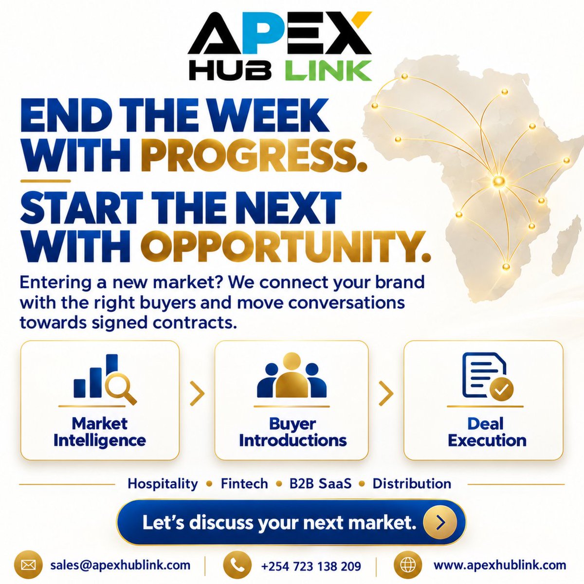 apexhublink's tweet photo. End the week with progress. Start the next with opportunity. Apex Hub Link helps hospitality, fintech, B2B SaaS and distribution brands connect with buyers across Africa - from market intelligence to signed contracts.
Let’s discuss your next market.
#ApexHubLink #B2BSales https://t.co/9oSl7m23Q9