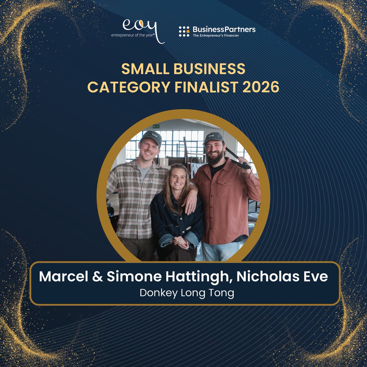EOY_SA's tweet photo. From a campfire joke to a globally loved South African brand. Donkey Long Tong, founded by Marcel, Simone &amp; Nic, creates handcrafted braai tools and outdoor gear that bring people together, one story at a time. #EOY2026 #SmallBusinessCategoryFinalist #MadeInSA #BraaiCulture https://t.co/GXK0MWD2gT