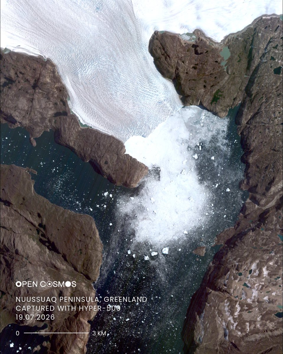 Open_Cosmos's tweet photo. Tracking cryospheric dynamics requires high-fidelity, repeatable orbital intelligence.

This True Colour image captures the Nuussuaq Peninsula in Greenland, acquired by the Open Cosmos Hyper-500 satellite constellation.

With global temperatures repeatedly pushing record highs, polar monitoring is now paramount. Rising temperatures are accelerating melt across Greenland — driving sea level rise, destabilising ocean currents and reshaping atmospheric patterns worldwide.

What you see here is only part of what Hyper-500 records. Its 32 narrow VNIR bands read the ice surface beyond a true-colour view: mapping spectral albedo, separating the light-absorbing dust, soot and glacier algae that darken the ice, detecting snow wetness through its near-infrared signature, and estimating the depth of supraglacial meltwater. At 5 m resolution, that turns a picture of the ice into a measurement of what is driving its melt.

Repeat coverage across the OpenConstellation feeds these measurements into the albedo and melt models that climate assessment depends on - turning orbital observation into actionable climate intelligence.

#EarthObservation #Hyper500 #OpenCosmos #OpenConstellation #SpaceTech #Greenland #ClimateIntelligence #RemoteSensing #Satellites