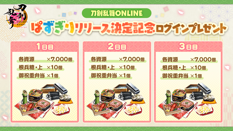 TOUKEN_STAFF's tweet photo. 【開催中のログインプレゼントについて】
「ぱずぎりリリース決定記念ログインプレゼント」は、10月6日(火)12:59で終了となります。期間中にゲーム内の本丸を開くと、最大3日(3回)プレゼントを受取箱にお贈りいたします。この機会をお見逃しなく！
#刀剣乱舞 #とうらぶ #とうらぶぱずぎり https://t.co/Ukwzth7JmX