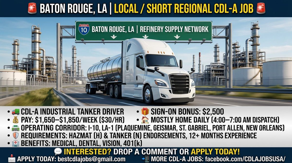 SKoloskov8223's tweet photo. CDL-A Tanker Driver in Baton Rouge, LA!
Type: Local / Short Regional (Mostly Home Daily) Pay: $1,650β$1,850/wk ($30/hr + OT) | ~$91k/yr
Sign-On Bonus: $2,500
Class A CDL + HazMat (H) & Tanker (N) endorsements, 12+ mos exp. https://t.co/PPU3M1nS80
#CDLAJobs #TruckingJobs #BatonRou https://t.co/UXlyGWjPYd