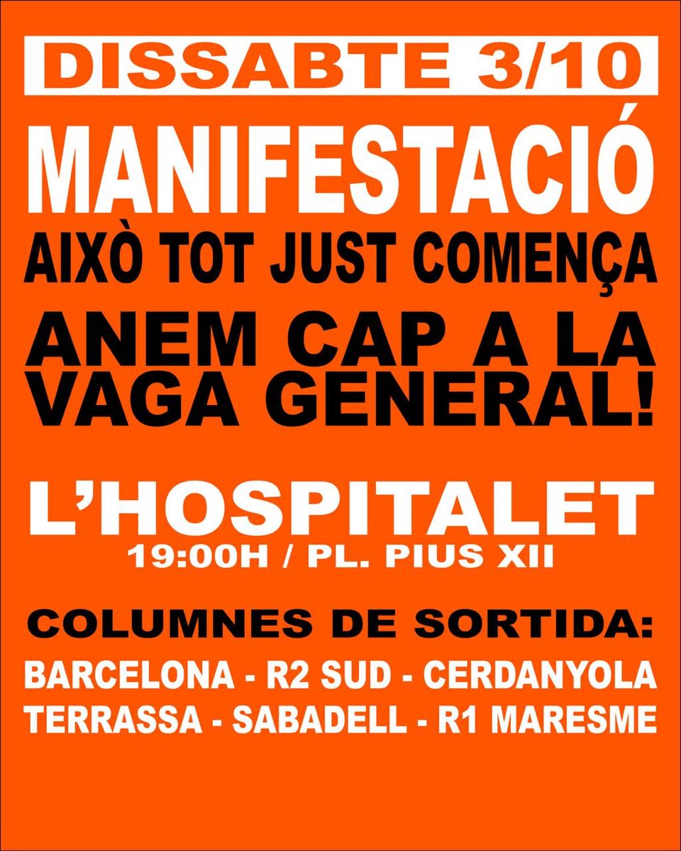 SindicatLloguer's tweet photo. 🔴 Demà dissabte MANIFESTACIÓ a l'Hospitalet del Llobregat (Pl. Pius XII) a les 19:00h

❤️‍🔥 Columnes de sortida des de diversos punts de Catalunya.

👉🏽 També convocatòries a Girona, Mallorca, València i desenes de ciutats més a tot l'Estat. https://t.co/miDjNqSUXV