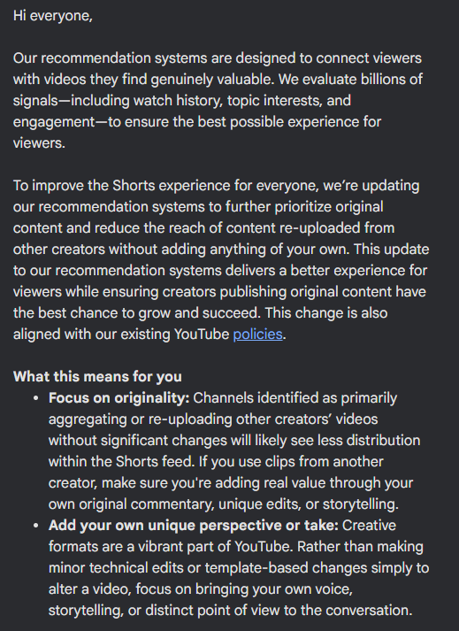 MarioJoos's tweet photo. 🚨 MAJOR ANNOUNCEMENT: YouTube will start prioritizing original content and reducing re-uploads (RIP clipping)

YouTube has just announced one of the most impactful changes to its short-form algorithm. Its recommendation systems (the algorithm) will start to further prioritize original content and reduce the reach of content re-uploaded from other creators without adding anything of your own.

They highlight this shift toward originality, where channels with primarily re-uploaded content will see less distribution within the Shorts feed.

It also seems like they’re really trying to put the focus on content with real value, while highlighting that YouTube doesn’t want as many “minor technical edits” or “template-based” changes. Which is basically all that clipping was in this industry.

Overall, while this will piss off some people whose entire careers were built on the premise of other people’s content (mostly clippers), the change itself is amazing and will finally address the overall quality issue we’ve been seeing.
