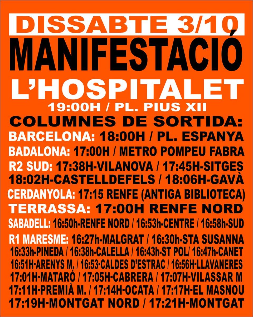 SindicatLloguer's tweet photo. 🔴 Demà dissabte MANIFESTACIÓ a l'Hospitalet del Llobregat (Pl. Pius XII) a les 19:00h

❤️‍🔥 Columnes de sortida des de diversos punts de Catalunya.

👉🏽 També convocatòries a Girona, Mallorca, València i desenes de ciutats més a tot l'Estat. https://t.co/miDjNqSUXV
