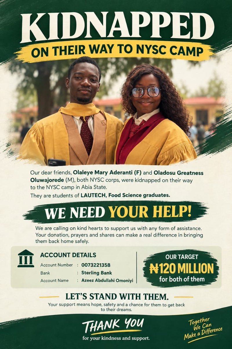 divine8_divine's tweet photo. Pls we need your help !
My coursemates have been kidnapped on their way to Nysc camp any amount will go a long way,  we’re  looking towards raising 120 million . https://t.co/iijLKD0jJu