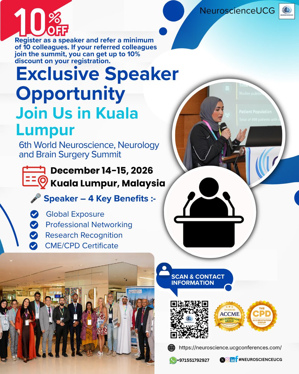 m_resma28240's tweet photo. 6th World Neuroscience, Neurology and Brain Surgery Summit.
December 14–15, 2026 | Kuala Lumpur, Malaysia
Early Bird Deadline: Oct 15, 2026
Register Now: https://t.co/DxVK3pic5j
#callforspeakers #neuroscience #neurology #neurosurgery #brainsurgery #medicalresearch #kualalumpu https://t.co/jnHcCXkZQw