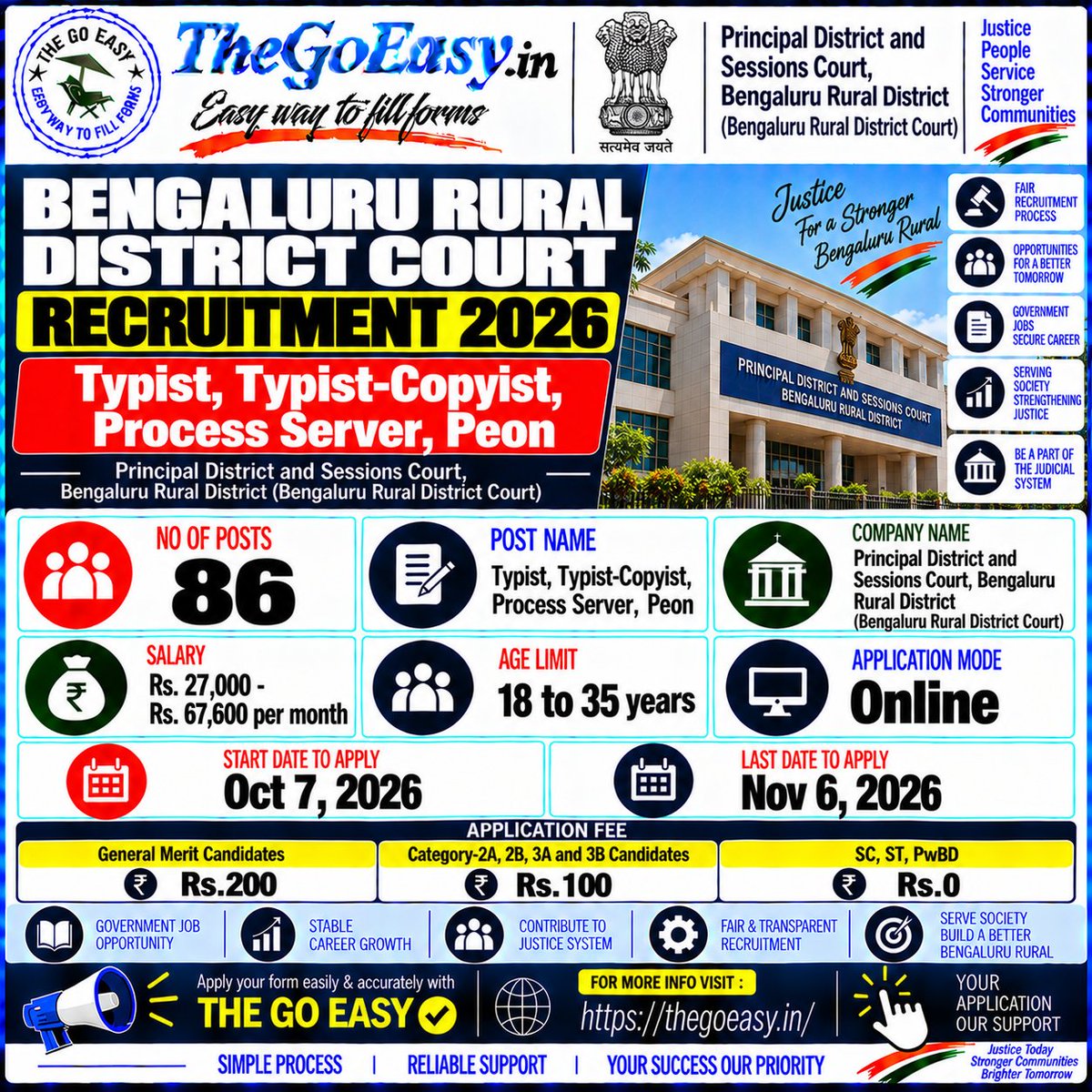 thegoeasy's tweet photo. 🚨 Bengaluru Rural District Court Recruitment 2026 | 86 Posts
📋 Posts: Typist, Typist-Copyist, Process Server &amp; Peon
💰 Salary: ₹27,000–₹67,600/month
🎂 Age: 18–35 Years
💻 Application Mode: Online
🔗 For More:
🔗 https://t.co/Fi0kUIFufJ https://t.co/pQ9C4FHdS9