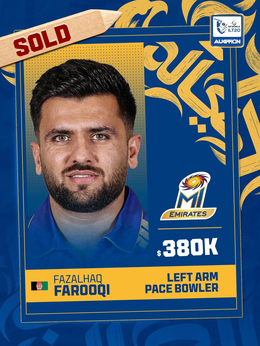 ajmalaryan08's tweet photo. 🚨 It’s another record folks! 🚨

The fiery left-arm pacer Fazalhaq Farooqi has been snapped up by MI Emirates for Season 5 for a staggering USD 380,000!

#DPWorldILT20 #DPWorldILT20Auction #AllInForCricket #WhereTheWorldPlays https://t.co/VGTKFcyohn