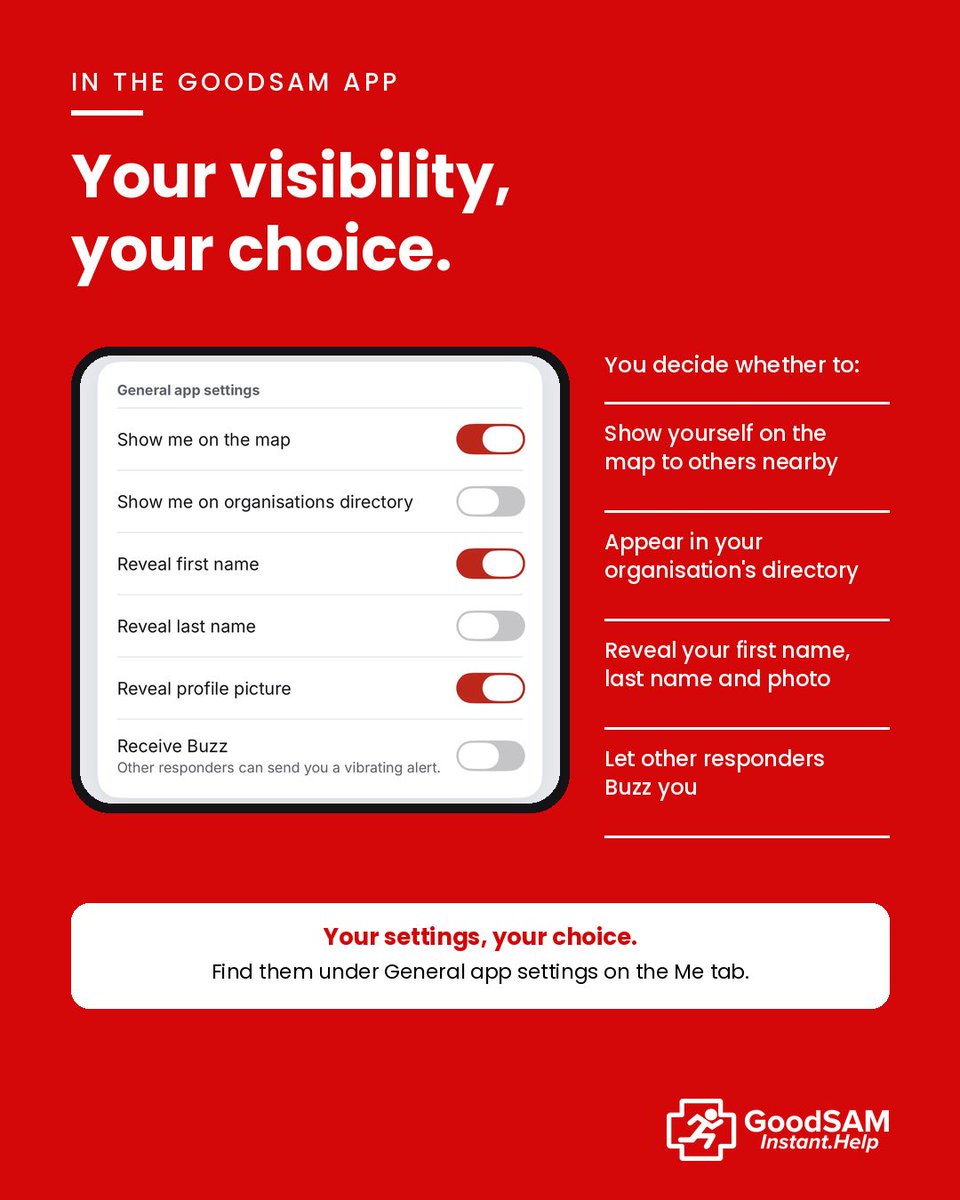 GoodSamApp's tweet photo. Your GoodSAM settings, your choice. 🔒

Under General app settings on the Me tab, you choose whether other responders can see you on the map, and whether your name and photo are shown.

The app still uses your location to alert you to emergencies nearby. #GoodSAM https://t.co/CyIZHnVbsM