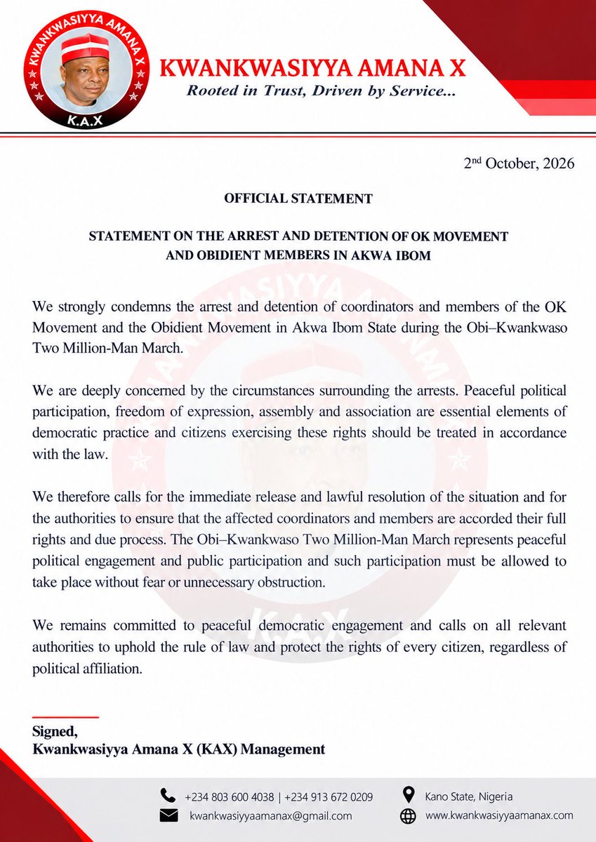 Kwankwasiyya_ax's tweet photo. OFFICIAL STATEMENT

STATEMENT ON THE ARREST AND DETENTION OF OK MOVEMENT AND OBIDIENT MEMBERS IN AKWA IBOM https://t.co/e2cgcpHPig