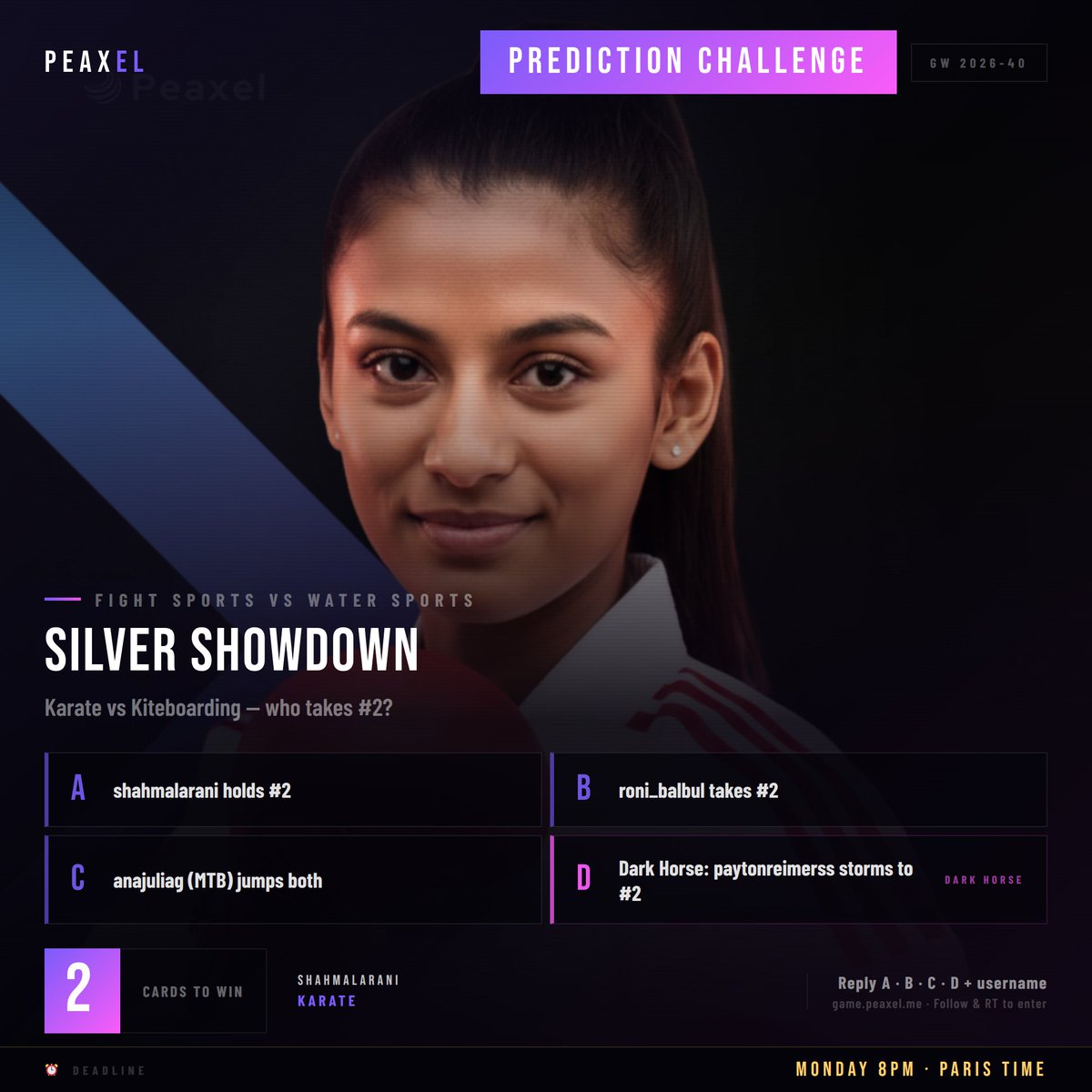 Peaxel8888's tweet photo. ⚔️ SILVER SHOWDOWN

Karate vs Kiteboarding. 5K gap. Who takes #2?

A) shahmalarani holds
B) roni_balbul overtakes
C) anajuliag jumps both
D) 🐴 paytonreimerss

Like + RT + Reply + Username

#Peaxel #Karate #Kiteboarding https://t.co/BZsFmtUem5
