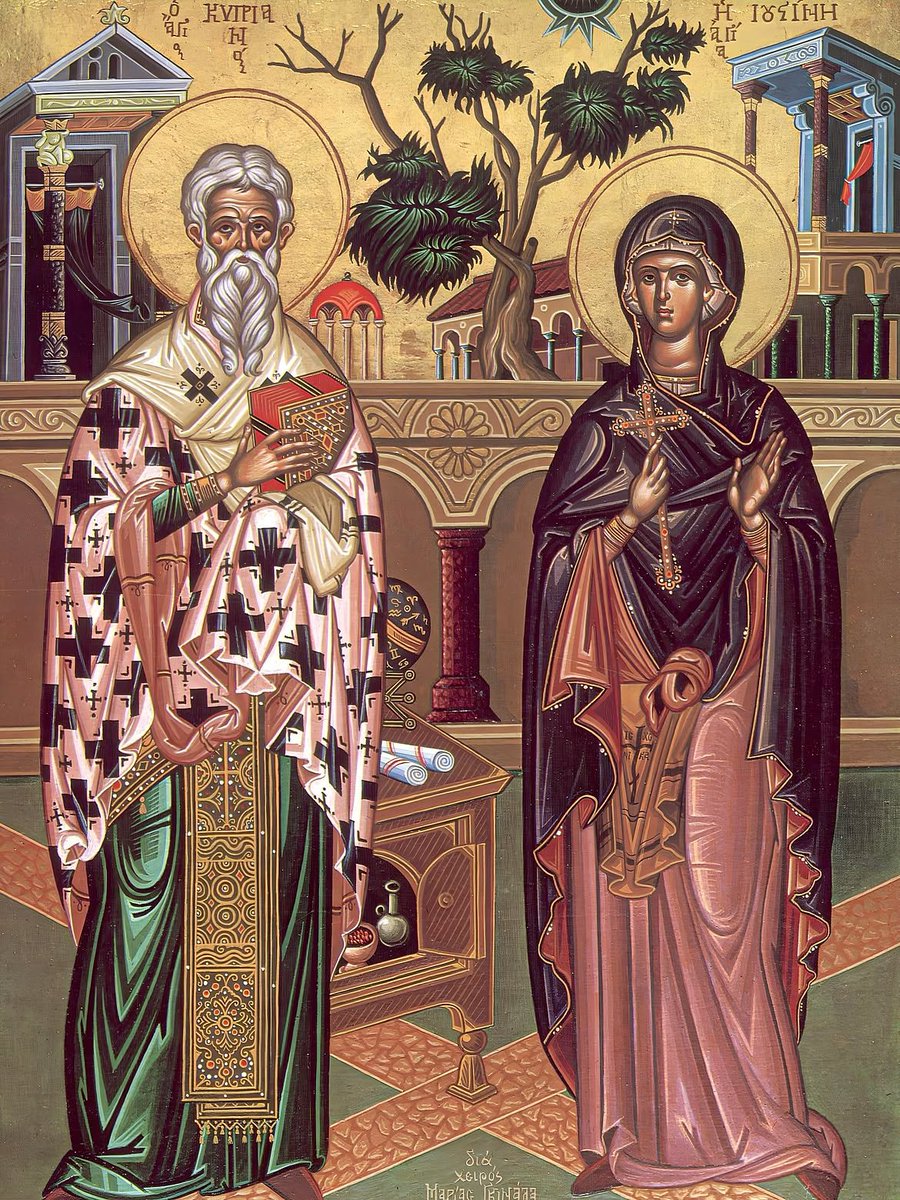 orthodox_33ad's tweet photo. 🔸 October 2 - Saints Cyprian and Justina 🪄🔥🔸

Today, we commemorate the Holy Martyrs Saints Cyprian and Justina of Antioch. Brought together by divine providence, they suffered for Christ in 304 AD during the Great Persecution of the Emperor Diocletian. St Cyprian was a pagan from Antioch in Syria. Since he excelled in the studies of pagan philosophy, astrology, sorcery and magic in his youth, he was initiated into the pagan priesthood on Mt Olympus, the leading centre of paganism.

At that time, a Greek man named Aglais fell in love with a Christian maiden from Antioch named Justina who had taken vows of chastity. Unable to attain what he desired, Aglais went to Cyprian, begging for the help of his sorcery to seduce the youthful and beautiful girl. Cyprian read spells from his books of magic, and sent many demons and evil spirits to charm the maiden into falling for Aglais. The chaste Justina however was unaffected by these charms, and retained her pure heart while continuing to diligently pray and fast.

Again attempting to rouse carnal passions within Justina, Cyprian through his sorcery sent to her the chief of the demons. But Justina again conquered this demon and preserved her purity by making the Sign of the Cross and praying to the Lord. Convinced that the devil was powerless against the faithful Justina, Cyprian came to his senses and realized that he had been corrupted by participating in such wickedness. Thus, he accepted faith in Christ.

In order to prove to the Bishop the sincerity of his repentance and desire to be baptised, Cyprian brought out and burned all of his books of spells and instruments of sorcery (as shown in image 4 titled ‘The Repentance of the Magician Cyprian’). St Cyprian preached the Gospel and converted many of his former pupils to the flock of Christ. In time he was ordained a reader, deacon, priest and lastly Bishop of Carthage in which capacity he made St Justina the abbess of a monastery.

During the persecutions of Diocletian, Cyprian and Justina were arrested and brought to Nicomedia. Having confessed Christ together, they suffered brutal tortures before finally delivering their souls by beheading.