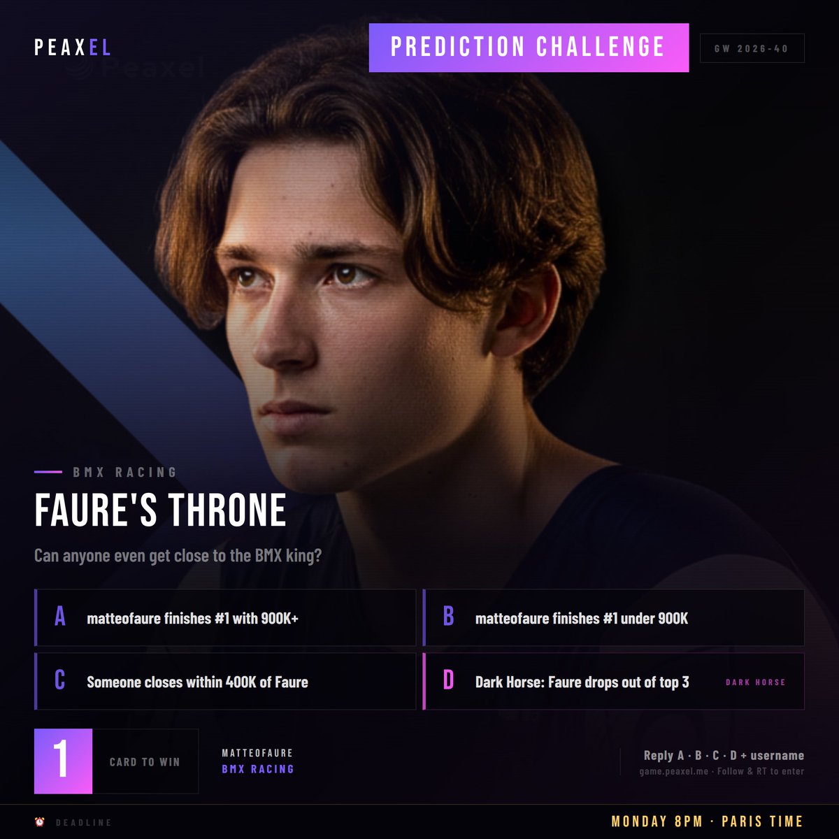 Peaxel8888's tweet photo. 🏆 FAURE'S THRONE

849K pts. 4x the field. Will anyone get close?

A) 900K+ finish
B) Under 900K
C) Gap closes to 400K
D) 🐴 Faure drops

Like + RT + Reply + Username

#Peaxel #AthleteEconomy #BMXRacing https://t.co/nAnv2bL6ie
