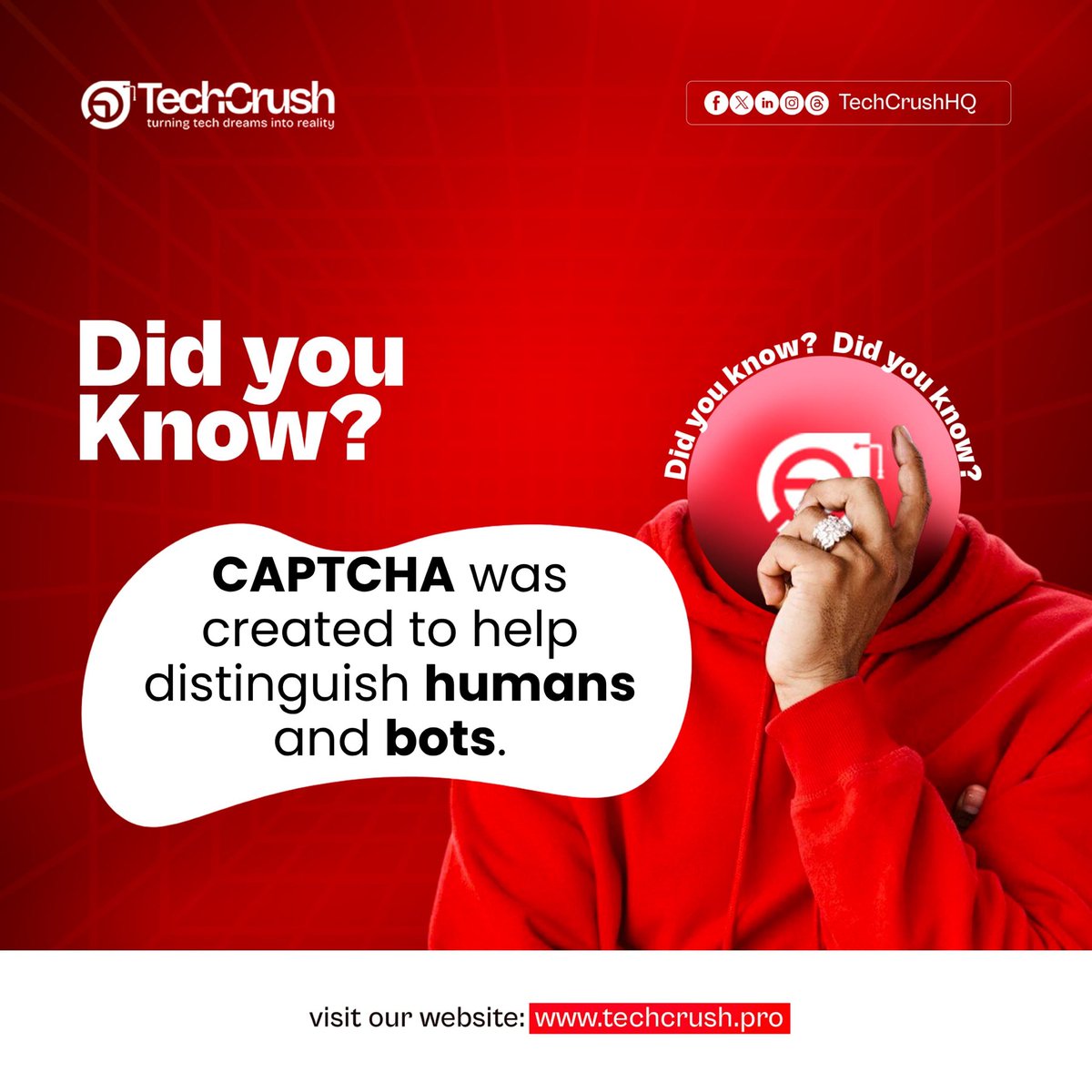 TechCrushHQ's tweet photo. Did you know that CAPTCHA wasn’t created just to annoy you? 😂

Every time you’re asked to select traffic lights, type a few distorted letters, or click “I’m not a robot,” there’s a reason behind it.

CAPTCHA was originally created to help websites tell humans apart from bots and prevent automated programs from carrying out certain actions online.

So yes, that tiny test you sometimes struggle with is actually doing a job. 🤖

Tech is everywhere, even in the little things we barely notice.

#techcrush #didyouknow
