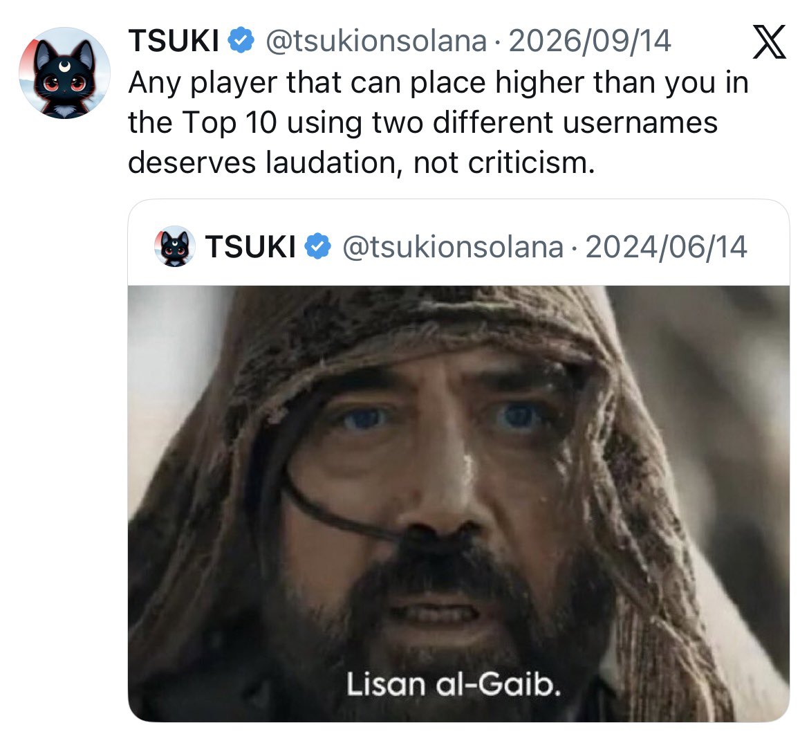 celiakihk's tweet photo. $TSUKI posted “Lisan al-Gaib” on 6/14/2024, a Friday. 
The day before, @TheRoaringKitty posted that video that runs 1:10.

Two years later, the 5-cats post was pinned on the same date, 6/14/2026.

6/14 → yesterday 10/1 is 109 days. 
1:09 is the timestamp on Roaring Kitty’s TIME post. 
Yesterday Nat Turner’s $GME buy was filed at 8:55 PM ET. 855 is Mr. Wizard’s UID. 
Larry Cheng posted “Five Guys” the same night.

6/14 → today, 10/2, is 110 days.
Friday again, same as the Lisan post. 
110 is the Lisan video length.

This month $TSUKI quoted the Lisan post and wrote: “Any player that can place higher than you in the Top 10 using two different usernames deserves laudation, not criticism.” Same wording as the post on https://t.co/bUXcbivRsj. 
The online Wizard tournament is today, 10/2 4 PM ET.

Are you connecting the dots?
$TSUKI $GME 🐈‍⬛