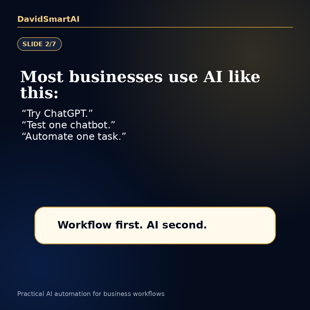 davidsmartai's tweet photo. Your business does not need random AI tools.

It needs a workflow system.

AI becomes useful when it supports real business steps:

enquiries → qualification → follow-up → reminders → reporting → human handoff

That is practical automation, not AI hype.

DM WORKFLOW. https://t.co/loX0gsvFEz