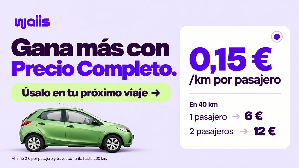 waiisapp's tweet photo. Tu trayecto de siempre puede darte más 

Con Precio Completo recibes 0,15 €/km por pasajero.

En 40 km:

👤 1 pasajero → 6 €
👥 2 pasajeros → 12 €
Tu pasajero ahorra con el bono CAE.

Selecciona Precio Completo en #Waiis y úsalo en tu próximo viaje. https://t.co/PSrhwoPeQ3