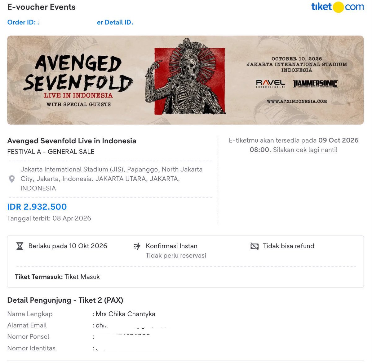 Kipyatorozo6's tweet photo. @flaminhotjaee @sopeachgyu @magicphotoidn Selling A7X ticket for Jakarta  
Personal ticket, but can't attend because I've moved to Spore and can't go back :((

Letting it go for just 1 million, haggle more and I'll punch ya.

DM if interested ☹️ https://t.co/9sgX2tjhQE