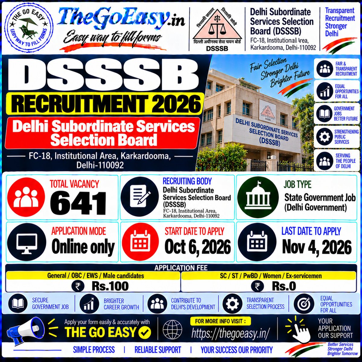 thegoeasy's tweet photo. 🚨 DSSSB Recruitment 2026 | 641 Posts
📋 Organization: Delhi Subordinate Services Selection Board (DSSSB)
💻 Application Mode: Online
📅 Start Date: 6 Oct 2026
📅 Last Date: 4 Nov 2026
🔗 For More:
🔗 https://t.co/Fi0kUIFufJ https://t.co/KVaGwziKvc