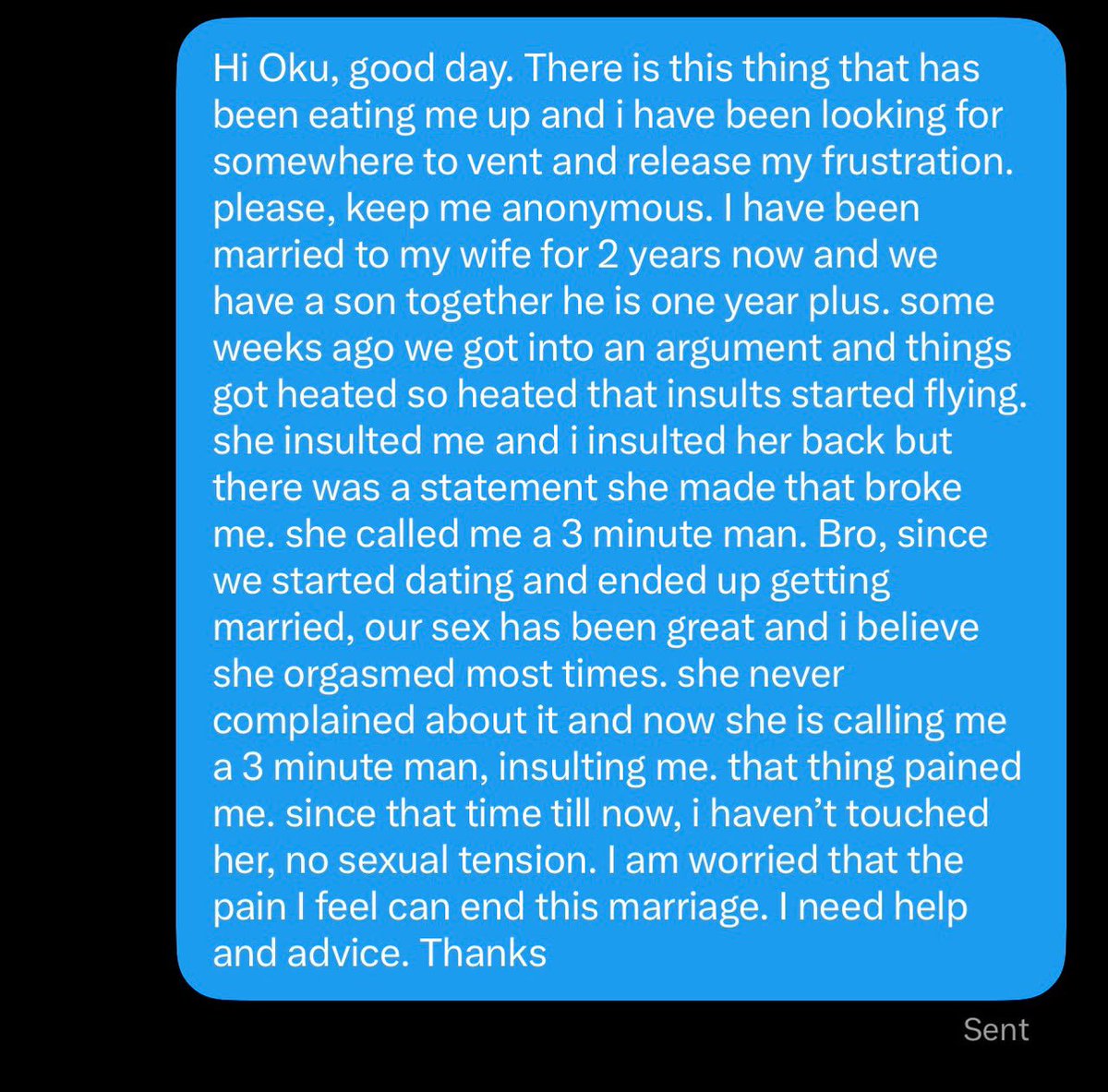 oku_yungx's tweet photo. His wife called him a 3 minutes man and now he wants to quit the marriage . 

What is your advice for him? https://t.co/qgZQMbXT9r