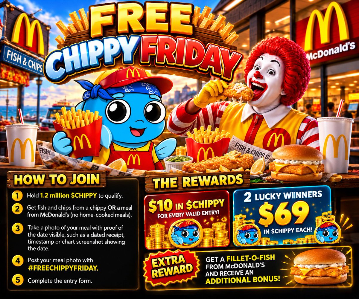 FishnChipsSOL's tweet photo. 🚨🍟 IT’S #FREECHIPPYFRIDAY!!! 🍟🚨

Grab a meal, join the community and claim your reward!

• Hold 1.2 million $CHIPPY to qualify.

• Get Fish and Chips from a Chippy OR a meal from McDonald’s — no home-cooked meals.

• Take a photo of your meal with proof of the date visible in the picture, such as a dated receipt, timestamp or chart screenshot showing the date.

• Post your meal photo with #FREECHIPPYFRIDAY.

• Complete the entry form:

👉 CLICK HERE TO SUBMIT YOUR ENTRY

🎁 Every valid entry receives $10 in $CHIPPY towards your meal!

🎡 PLUS — 2 lucky people will each WIN $69 in $CHIPPY! 💸

🍔 BONUS: Get a Fillet-O-Fish from McDonald’s and you’ll receive an extra reward!

GOOD LUCK EVERYONE!!!