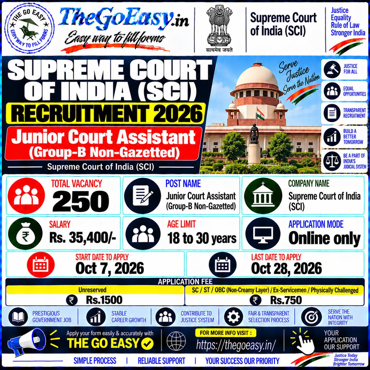 thegoeasy's tweet photo. 🚨 Supreme Court of India Recruitment 2026 | 250 Posts
📋 Post: Junior Court Assistant (Group-B Non-Gazetted)
💰 Salary: ₹35,400/-
🎂 Age: 18–30 Years
📅 Start Date: 7 Oct 2026
📅 Last Date: 28 Oct 2026
💻 Application Mode: Online
🔗 For More:
🔗 https://t.co/Fi0kUIFufJ https://t.co/3T421iOW4W