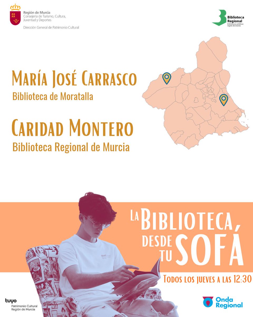 brmu's tweet photo. Nuevas lecturas desde la @brmu y la biblioteca de #Moratalla en #LaBibliotecaDesdeTuSofá
🎙María José Carrasco
📚 @BPMoratalla
Los huérfanos / Carmen Mola
🔗https://t.co/GVyJBdfxNp
🎙Caridad Montero
Nueve cuentos / J.D. Salinger
https://t.co/crULP0Zpxq
💡Cada jueves a las 12:30 en directo en @MiradorORM de Onda Regional de Murcia, nuevas recomendaciones desde las bibliotecas de la @regiondemurcia.
🎧 #Podcast disponibles en la web de @ORMurcia
🎛Reseñas y audios en la web de la @BRMU, apartado Conócenos > Recomendaciones