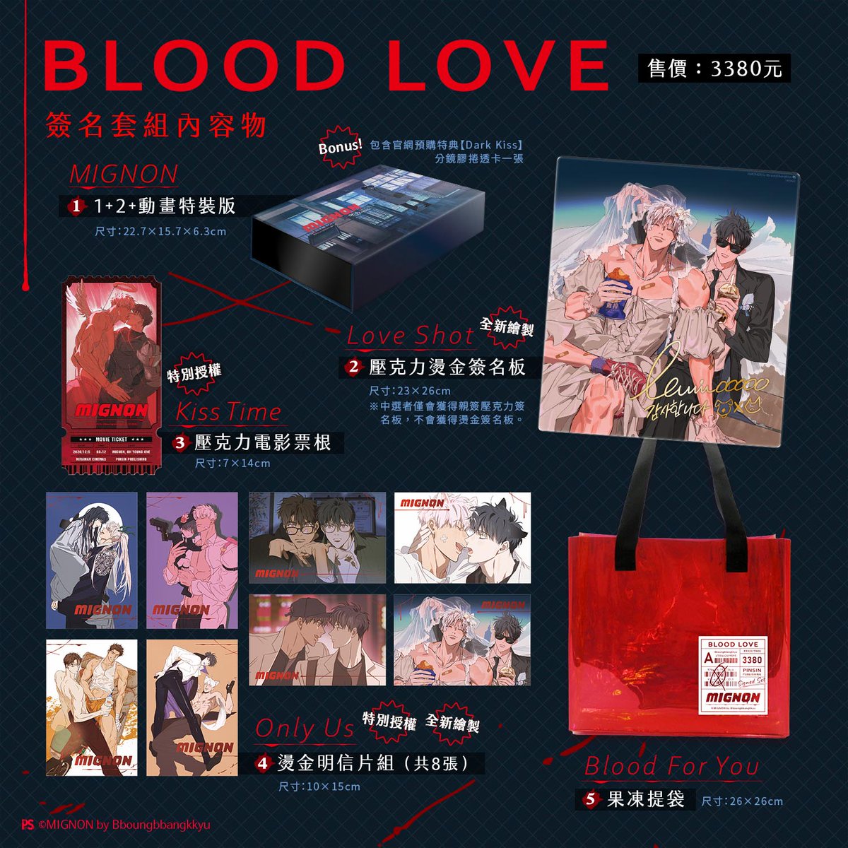 pinsin_books's tweet photo. ＼✨Bboungbbangkkyu老師 臺灣首場簽名座談會✨／
韓國人氣BL動畫《MIGNON》漫畫中文版強勢襲臺！

༺✟༻༺✟༻🩸簽名座談會資訊🩸༺✟༻༺✟༻
✦ 活動時間｜2026/12/5(六)15:00-18:00
✦ 活動地點｜美麗華影城(臺北市中山區金泰里敬業三路22號6樓)
✦ 抽選名額｜200名

#抽選登記截止日：2026/10/15(四)11:00
※抽選須知以及預購詳細資訊，請參考簽名會貼文圖片。
※抽選結果將於2026年10月29日公布。

༺✟༻༺✟༻🩸𝐁𝐥𝐨𝐨𝐝 𝐋𝐨𝐯𝐞 簽名套組🩸༺✟༻༺✟༻
❶《MIGNON》1+2+動畫🔞特裝版
（含官網預購贈品【Dark Kiss】分鏡膠捲透卡1張）
❷【Love Shot】壓克力燙金簽名板
※中選者僅會獲得親簽壓克力簽名板，不會獲得燙金簽名板。
❸【Kiss Time】壓克力電影票根
❹【Only Us】燙金明信片組(共8張)
❺【Blood For You】果凍提袋

#MIGNON #민용 #Bboungbbangkkyu #蔡宛育
(1/3)