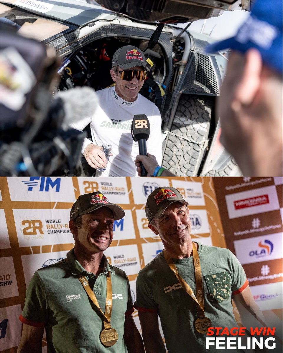 SebastienLoeb's tweet photo. The stage win feeling 🥇😁

We're going to do everything we can to pull it off again today on the longest stage of the week and as first on track 😮‍💨

#TheDaciaSandriders #W2RC #RedBull #RichardMille #BFGoodrich #Bardahl #Bell #FrancePareBrise https://t.co/OueBMRmfUo