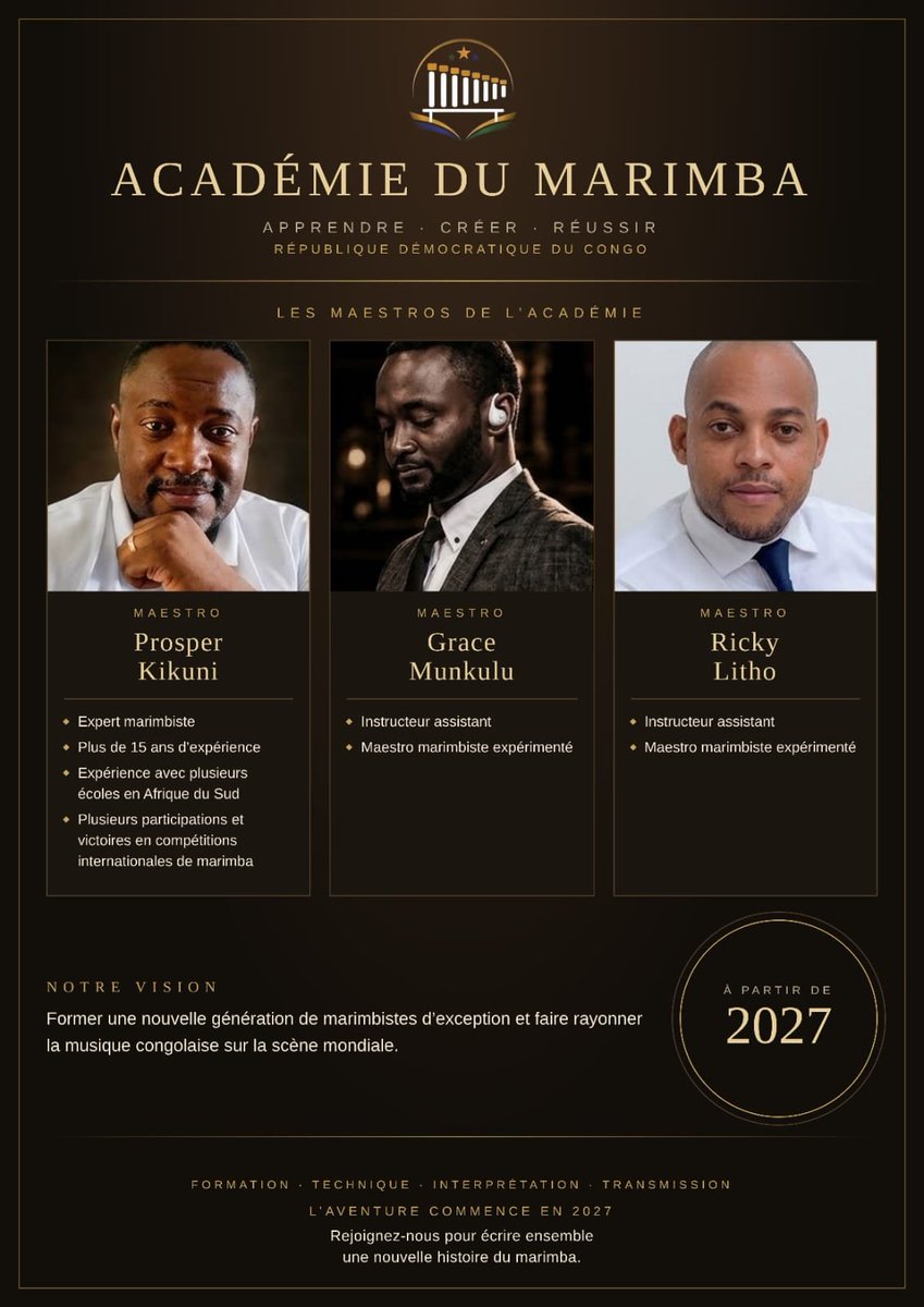 KikuniProsper's tweet photo. Après quatorze ans à enseigner la musique ici, je rentre au pays.

Pas pour recommencer. Pour transmettre.

L'Académie du Marimba ouvre à Kinshasa en 2027- des instruments fabriqués sur place, en bois congolais, et des enfants d'ici qui jouent dessus.

Le travail continue. Il change simplement de sol.
