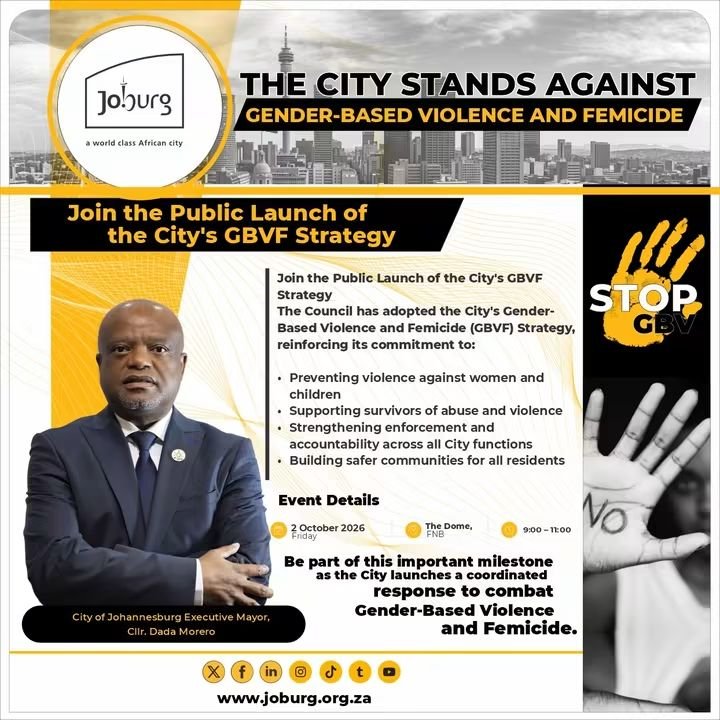 CityofJoburgZA's tweet photo. @DadaMorero @Eunice_Mgcina @NomoyaMnisi1 Read the full #JoburgGBVFStrategy here 🔗 https://t.co/ZO2Tv3ibr2

#EndGBVF #JoburgCares ^NJ https://t.co/jS4780SqA8