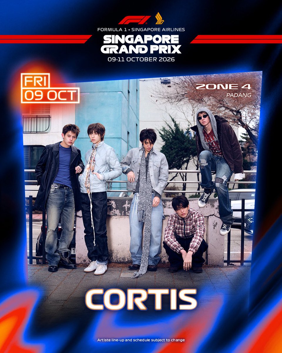 Yuiscoer's tweet photo. Next Friday — CORTIS’ F1 Singapore 🏎️🏁

🗓️ October 9, 2026
📍 Zone 4 – Padang Stage
🕒 7:30–8:20 PM (SGT)
　  8:30–9:20 PM (KST)

The performance was originally scheduled for 45 minutes, but it’s now been extended to 50 minutes!
#CORTIS #코르티스 https://t.co/OdEUC5jIoL
