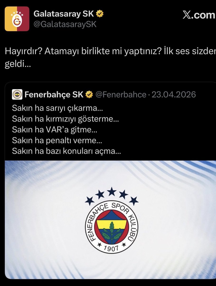 galaregista's tweet photo. Devran döndü. Haklının acelesi yok. Unutmayın Galatasaray derbiye Yasin Kol atandığı için tepki gösterirken Fenerbahçe TFF den önce tepki vermişti. https://t.co/ixS00U8zbR