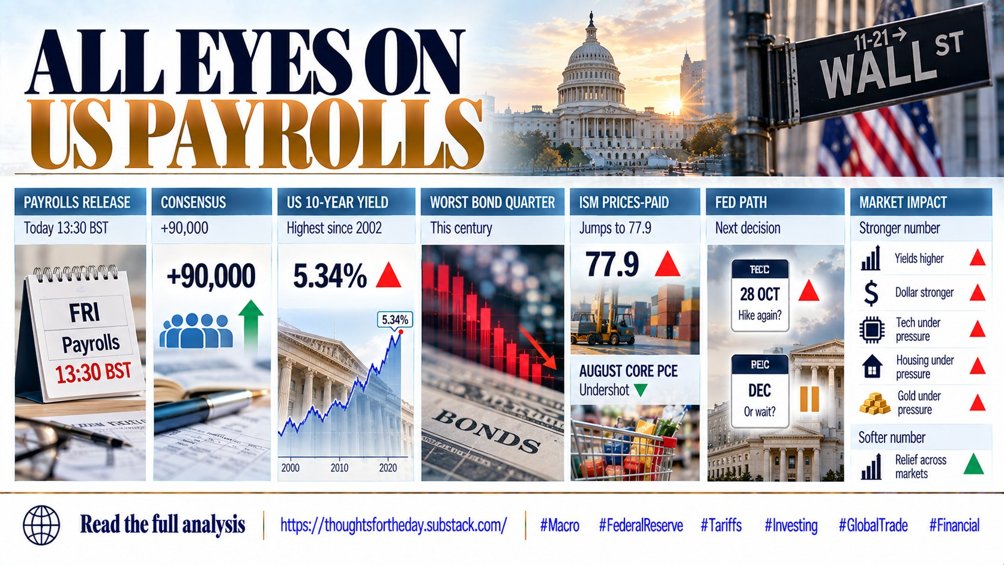 GryphonIAB's tweet photo. Today's September #payrolls, due at 13:30 BST with consensus at +90,000, land on a #Treasury market that touched 5.34% on the 10-year on Thursday, its highest since 2002, after the worst #bond quarter this century. The #ISM prices-paid index jumped to 77.9 even as August core #PCE undershot, so the print decides whether the #Fed hikes again on 28 October or waits until December. A strong number with firm #wages would retest the #yield high, extend the #dollar index at its strongest since May 2025 and pressure long-#duration #technology, #housing and #gold, while a soft number offers relief across all of them at once.

Thoughts of the day, Daily Market News over the last 24 hours.
Read more, for the full analysis
 
Thoughts for the day NEWS
 https://t.co/NkkUDWNjiJ
 
Review our quarterly earnings updates page.
 https://t.co/dKwXKoXwsy
#FederalReserve #Tariffs #Investing #GlobalTrade #FinancialMarkets
 
 Follow me on X, search for @GryphonIAB