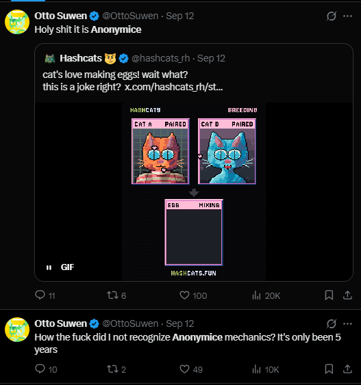 VersaceBoysRH's tweet photo. What happened with Hash Cats (@hashcats_rh)?

For a brief period, Hashcats completely captured NFT Twitter.

People were renting GPUs, the timeline was filled with cats, memes about poor rigs and exploding computers. A genuinely innovative project in the space came a few weeks ago and took NFTs by storm.

I wanted to look back at what actually happened, because regardless of the floor price, I think the story itself is worth documenting.

Skip to the end for a TL;DR.

THE CONCEPT

Hashcats took what is normally the simplest part of an NFT collection and turned it into a fun experience, all built around mining on Robinhood Chain.

You couldn't just mint, you had to mine your cat.

Here: https://t.co/gxyFoFlhVg

Your machine searches for a valid hash below the network target. Find one, submit it onchain, and that hash helps determine the cat you receive.

The art system, palettes, sprites and renderer are also built onchain, adding another unique layer to the project.

Docs: https://t.co/do2BDVTLBx

Then there are epochs. As mining progresses, the price to enter rises and finding a valid hash becomes increasingly difficult. Early epochs were extremely cheap, with the mint price doubling each one. By epoch 10, entry had reached 0.16368 $ETH. That structure created something NFT mints rarely have, a genuine competition.

THE RUSH

The hysteria peaked when people began to recognize the flywheel of it. Your cats accrued ETH gained from minters after you, as well as $HASH from staking. People were posting multiple hundred dollar claims simply for holding, many getting paid back for their hash cat within an hour.

Once people understood the mechanics, things escalated quickly. The mining setups, renting multiple GPUs at once even, comparing with friends, competing with the market. Who had the best rig?

Mining guides started spreading around the timeline. People were optimizing hardware, calculating difficulty and racing the next epoch.

At one point, Hashcats reported 6,167 cats mined by 930 different miners in 24 hours, roughly one cat every 14 seconds.

And CT was completely infatuated with them. Someone had just found one, someone else had missed one, someone was renting another GPU, someone gave up and bought one on secondary.

For a moment, NFT Twitter had effectively become a mining operation on Robinhood Chain.

THE ATTENTION

As the mining frenzy grew, bigger collectors and familiar names began getting involved.

@OttoSuwen was publicly discussing the mechanics and game theory around Hashcats, likening it to a previous project from 2021 @AnonymiceNFT. 

@ultrapara became one of the collection’s largest collectors, buying over 700 NFTs around epoch 10. 

And the conversation expanded far beyond the art itself. People were talking about mining difficulty, hashrate, epochs, GPU efficiency, and $HASH.

There was an amount of organic shilling around Hashcats that we hadn't seen around many NFT projects in a while. Not necessarily because everyone agreed on what Hashcats would become, but people simply wanted to participate in what was happening.

Hashcats had managed to make obtaining the NFT itself part of the entertainment. People didn't just want a cat, they wanted to mint their own.

TIME SINCE

Eventually, the initial rush cooled, epoch prices increased, difficulty increased, mining slowed, the secondary market came down, and CT moved onto other things.

Today, 9,796 Hashcats have been mined.

They also introduced a mechanism where burning your hash cats yielded $HASH, allowing you to get instant liquidity for your cat, alleviating pressure on the floor while also making the supply deflationary. To date, 3,869 Hash Cats have been burned, leaving a running supply of 5,927 cats circulating. 2,322 of those are staked, yielding ETH and $HASH through various vesting lock up periods.

Live stats: https://t.co/LmlArWw52g

The project has also continued building around the original mining mechanic with $HASH. They introduced an AMM/pool system that allows holders to sell or buy through the site using their $HASH tokenomics, supplying buy pressure to the coin while also taking pressure off the floor. 

Here: https://t.co/KNKIp5uof7

https://t.co/VhLaKn9Pw9

Thousands of people pointed computing power at Robinhood Chain trying to solve hashes for pixel cats. People rented GPUs. Mining guides spread across Twitter. Large collectors got involved. The space was connected for once.

With breeding coming soon for the project, maybe there is another chapter, or maybe the mining rush remains the chapter everyone remembers.

https://t.co/2moUp40UCt

I personally believe there will be another rise of the cats. The dev team @hashdoting has teased turning the cats into a genesis collection model, giving revenue share for future projects. They also spoke about breeding, and what that might bring to the table. The community is very welcoming, full of nice people who are OGs in the space with large stores of knowledge.

Either way, what already happened doesn't disappear.

For a moment, NFT Twitter became miners.

And they did it for cats.

TL;DR

Hashcats turned an NFT mint into a proof-of-work style mining competition.

Instead of simply clicking mint, users had to find valid hashes, with the hash helping determine the cat they received.

What began as browser mining quickly became an arms race involving GPUs, rented computing power, thousands of miners and widespread attention across NFT Twitter.

The pace and market have changed since then, but the moment itself already happened. In my opinion, a new day will be born for the cats, whether it be how we know them or some other way. The community is very welcoming, and full of nice people wanting the best for their cats.

Either way, the event happened, that is not going to change, and I think it's a piece of NFT history worth remembering.