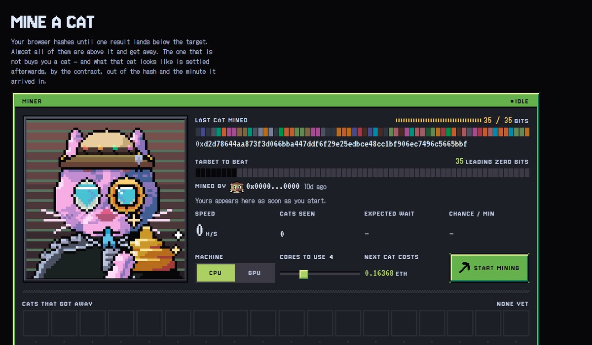 VersaceBoysRH's tweet photo. What happened with Hash Cats (@hashcats_rh)?

For a brief period, Hashcats completely captured NFT Twitter.

People were renting GPUs, the timeline was filled with cats, memes about poor rigs and exploding computers. A genuinely innovative project in the space came a few weeks ago and took NFTs by storm.

I wanted to look back at what actually happened, because regardless of the floor price, I think the story itself is worth documenting.

Skip to the end for a TL;DR.

THE CONCEPT

Hashcats took what is normally the simplest part of an NFT collection and turned it into a fun experience, all built around mining on Robinhood Chain.

You couldn't just mint, you had to mine your cat.

Here: https://t.co/gxyFoFlhVg

Your machine searches for a valid hash below the network target. Find one, submit it onchain, and that hash helps determine the cat you receive.

The art system, palettes, sprites and renderer are also built onchain, adding another unique layer to the project.

Docs: https://t.co/do2BDVTLBx

Then there are epochs. As mining progresses, the price to enter rises and finding a valid hash becomes increasingly difficult. Early epochs were extremely cheap, with the mint price doubling each one. By epoch 10, entry had reached 0.16368 $ETH. That structure created something NFT mints rarely have, a genuine competition.

THE RUSH

The hysteria peaked when people began to recognize the flywheel of it. Your cats accrued ETH gained from minters after you, as well as $HASH from staking. People were posting multiple hundred dollar claims simply for holding, many getting paid back for their hash cat within an hour.

Once people understood the mechanics, things escalated quickly. The mining setups, renting multiple GPUs at once even, comparing with friends, competing with the market. Who had the best rig?

Mining guides started spreading around the timeline. People were optimizing hardware, calculating difficulty and racing the next epoch.

At one point, Hashcats reported 6,167 cats mined by 930 different miners in 24 hours, roughly one cat every 14 seconds.

And CT was completely infatuated with them. Someone had just found one, someone else had missed one, someone was renting another GPU, someone gave up and bought one on secondary.

For a moment, NFT Twitter had effectively become a mining operation on Robinhood Chain.

THE ATTENTION

As the mining frenzy grew, bigger collectors and familiar names began getting involved.

@OttoSuwen was publicly discussing the mechanics and game theory around Hashcats, likening it to a previous project from 2021 @AnonymiceNFT. 

@ultrapara became one of the collection’s largest collectors, buying over 700 NFTs around epoch 10. 

And the conversation expanded far beyond the art itself. People were talking about mining difficulty, hashrate, epochs, GPU efficiency, and $HASH.

There was an amount of organic shilling around Hashcats that we hadn't seen around many NFT projects in a while. Not necessarily because everyone agreed on what Hashcats would become, but people simply wanted to participate in what was happening.

Hashcats had managed to make obtaining the NFT itself part of the entertainment. People didn't just want a cat, they wanted to mint their own.

TIME SINCE

Eventually, the initial rush cooled, epoch prices increased, difficulty increased, mining slowed, the secondary market came down, and CT moved onto other things.

Today, 9,796 Hashcats have been mined.

They also introduced a mechanism where burning your hash cats yielded $HASH, allowing you to get instant liquidity for your cat, alleviating pressure on the floor while also making the supply deflationary. To date, 3,869 Hash Cats have been burned, leaving a running supply of 5,927 cats circulating. 2,322 of those are staked, yielding ETH and $HASH through various vesting lock up periods.

Live stats: https://t.co/LmlArWw52g

The project has also continued building around the original mining mechanic with $HASH. They introduced an AMM/pool system that allows holders to sell or buy through the site using their $HASH tokenomics, supplying buy pressure to the coin while also taking pressure off the floor. 

Here: https://t.co/KNKIp5uof7

https://t.co/VhLaKn9Pw9

Thousands of people pointed computing power at Robinhood Chain trying to solve hashes for pixel cats. People rented GPUs. Mining guides spread across Twitter. Large collectors got involved. The space was connected for once.

With breeding coming soon for the project, maybe there is another chapter, or maybe the mining rush remains the chapter everyone remembers.

https://t.co/2moUp40UCt

I personally believe there will be another rise of the cats. The dev team @hashdoting has teased turning the cats into a genesis collection model, giving revenue share for future projects. They also spoke about breeding, and what that might bring to the table. The community is very welcoming, full of nice people who are OGs in the space with large stores of knowledge.

Either way, what already happened doesn't disappear.

For a moment, NFT Twitter became miners.

And they did it for cats.

TL;DR

Hashcats turned an NFT mint into a proof-of-work style mining competition.

Instead of simply clicking mint, users had to find valid hashes, with the hash helping determine the cat they received.

What began as browser mining quickly became an arms race involving GPUs, rented computing power, thousands of miners and widespread attention across NFT Twitter.

The pace and market have changed since then, but the moment itself already happened. In my opinion, a new day will be born for the cats, whether it be how we know them or some other way. The community is very welcoming, and full of nice people wanting the best for their cats.

Either way, the event happened, that is not going to change, and I think it's a piece of NFT history worth remembering.