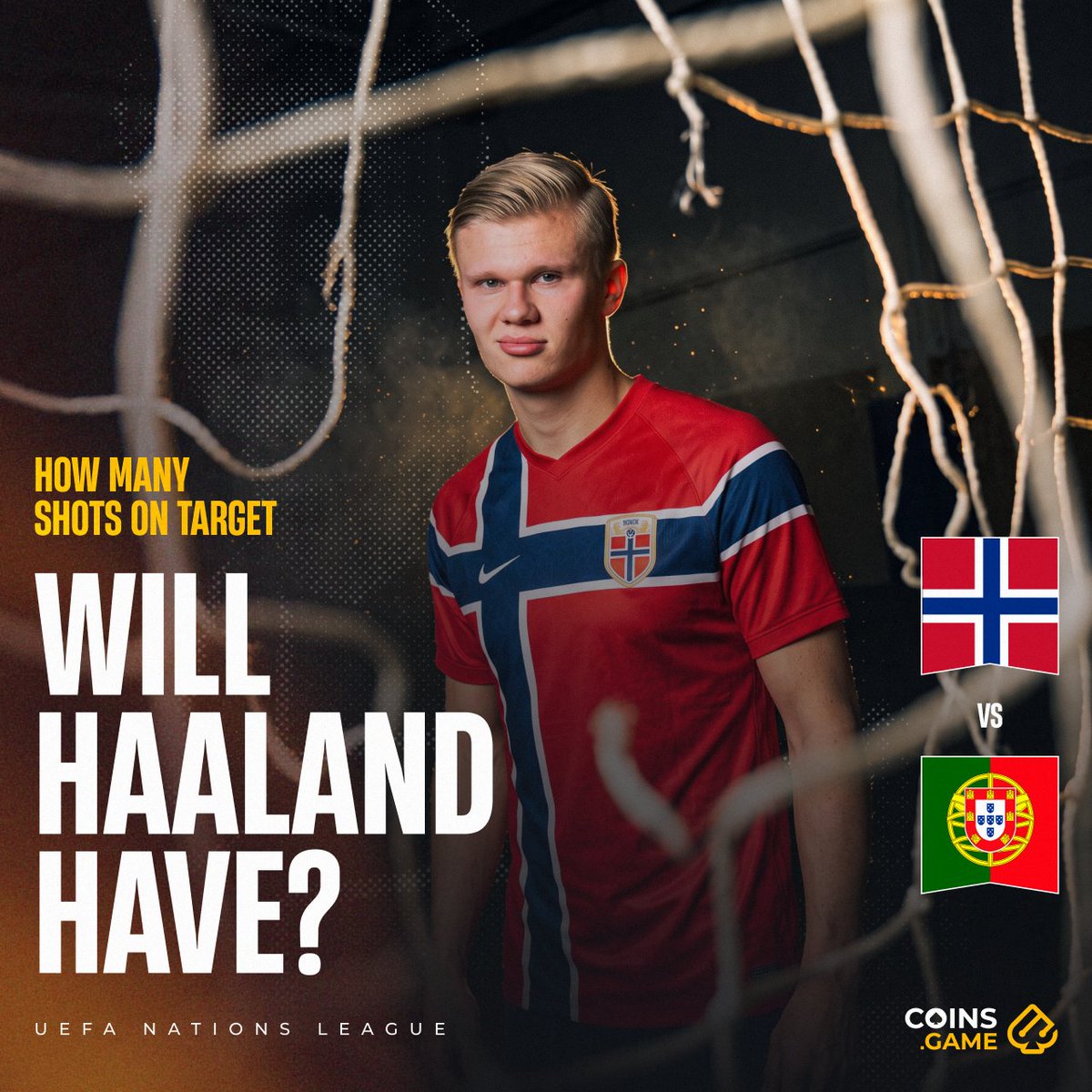 CoinsGame's tweet photo. 🇵🇹 PORTUGAL vs NORWAY 🇳🇴

Haaland is coming. 
The only question is how dangerous he’ll be:

HOW MANY SHOTS ON TARGET WILL HAALAND HAVE?
⚽ 0–1
⚽ 2–3
⚽ 4+

💬 Drop your pick before kick-off!

3 random correct picks win a $10 Promo Code! https://t.co/lf4vpvYOs1