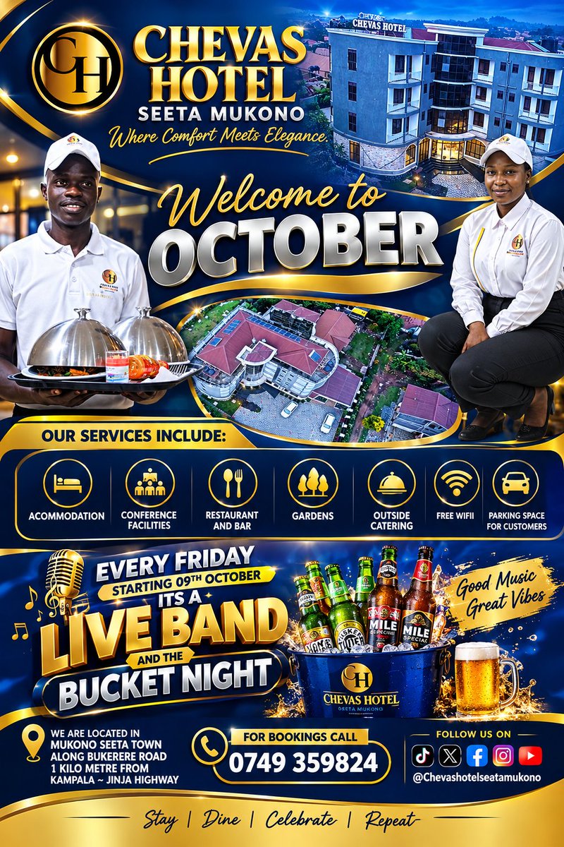 chevashotel2's tweet photo. Welcome to #October at 
@chevashotel2  this month on  09th Every Friday #LiveBand #BucketNight Come drink beers on #Discount #ComfortMeetsElegance 

@humble_guy0 
@UOXUganda 
@Kkids_Foundatn 
@Kabandalastinh9 @KintuAlexwest https://t.co/xkGvKLqZBc