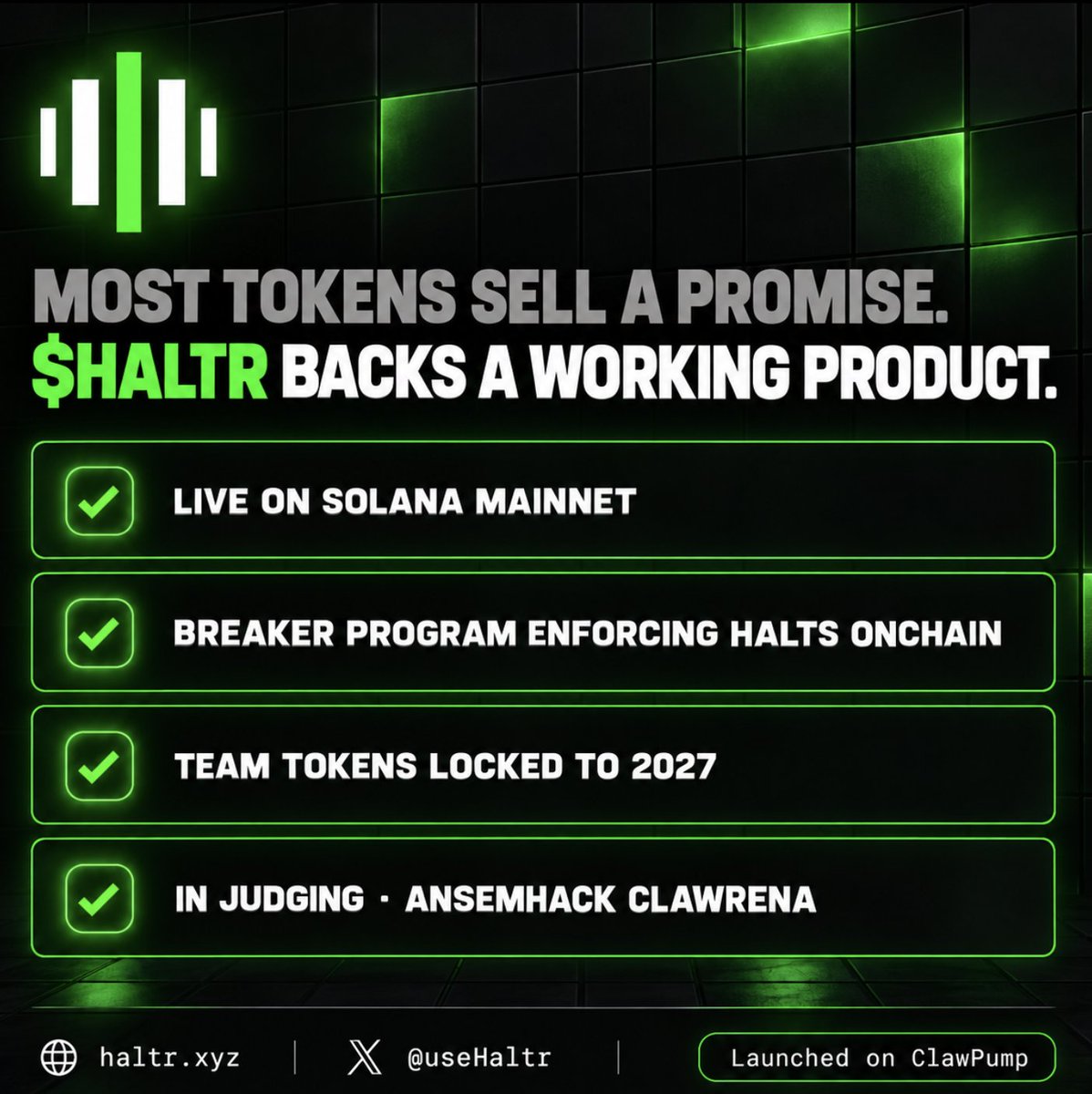 UseHaltr's tweet photo. Most tokens sell a promise. $HALTR backs a working product.

• Live on Solana mainnet
• Breaker program enforcing halts onchain
• Team tokens locked to 2027
• Judging for the AnsemHack Clawrena is on

CA: DSZCXxSPr44azwwtFLvS1BTVMNT7cj5zD29hpnsqohiS

@blknoiz06 @clawpumptech https://t.co/S6RZ4XcFzd