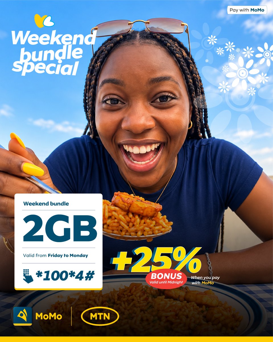 mtnmomossd's tweet photo. Ya jama, weekend ja kalas.😉

Dial *100*4# and get 2GB plus 25% bonus when you pay with MoMo.

#digitalisingsouthsudan #MoMo https://t.co/uq3fyUpv2k