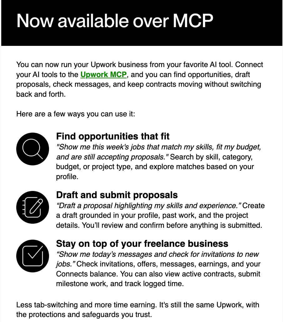 Mo_Oumha's tweet photo. Jut got this interesting update from Upwork.
Hello @Upwork 👋 I’m going to give your MCP a try hopefully this time you won’t ban me like last time let’s see how this goes 😂 

You can now connect Upwork to your AI tools through MCP and handle a lot of your freelance workflow https://t.co/ZhMwipVA7R