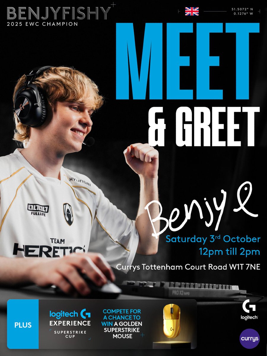 LogitechGUK's tweet photo. Tomorrow 12-2 London, come meet @benjyfishy at @currys 🙀

We also have a golden Superstrike up for grabs, as part of our Superstrike Cup competition.

Come say hi and enter the comp 💪🏻 https://t.co/Iz1tsmjVzw