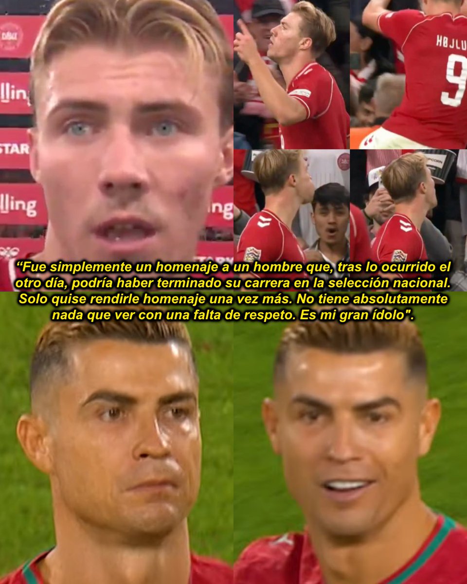 InvictosSomos's tweet photo. — RASMUS HOJLUND (TV2): "¿Por qué celebré como Cristiano Ronaldo? Fue simplemente un homenaje a un hombre que, tras lo ocurrido el otro día, podría haber terminado su carrera en la selección nacional. Solo quise rendirle homenaje una vez más. No tiene absolutamente nada que ver con una falta de respeto. Es mi gran ídolo".

Por si algún distraído todavía creía que Rasmus Hojlund hizo el SIIIIIIUU ante Portgal para burlarse de Cristiano Ronaldo, el propio delantero danés salió a aclarar todo. No fue una burla, fue un homenaje. El actual atacante del Napoli creció teniendo a CR7 como su máximo ídolo. Por eso, al saber que tal vez no vuelva a jugar con su selección nacional, quiso homenajearlo. 

RESPETO TOTAL PARA EL MÁXIMO GOLEADOR DE LA HISTORIA.