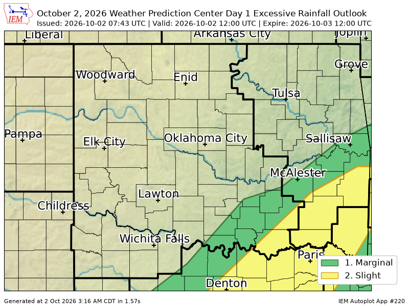 OUWEATHERBOT's tweet photo. WPC issues Day 1 Slight Risk Excessive Rainfall Outlook at Oct 2, 7:43z for OUN https://t.co/XKqfAyOoXI https://t.co/IgJqirZw4d