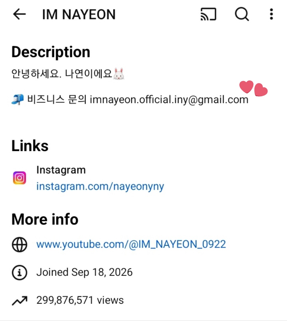 nayeonpopbase's tweet photo. NAYEON added her personal business email on her Youtube account. 

— It seems that the number of subscribers she has on his YouTube topic account, has joined the number of subscribers on her personal Youtube account. She will reach 500k subscribers on Youtube! https://t.co/r63m2egncH